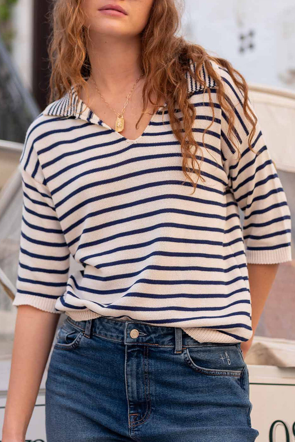 Blue Striped V Neck Half Sleeve Knit Top