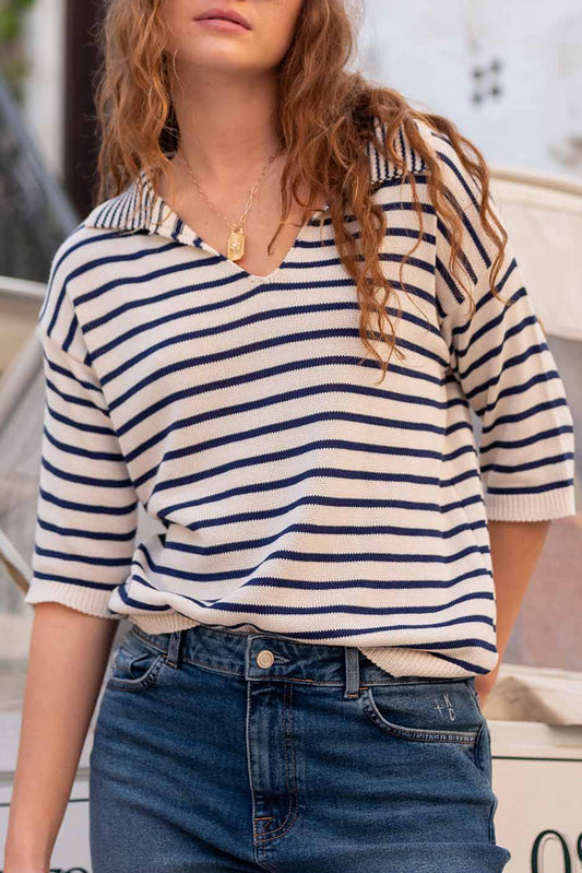 Blue Striped V Neck Half Sleeve Knit Top