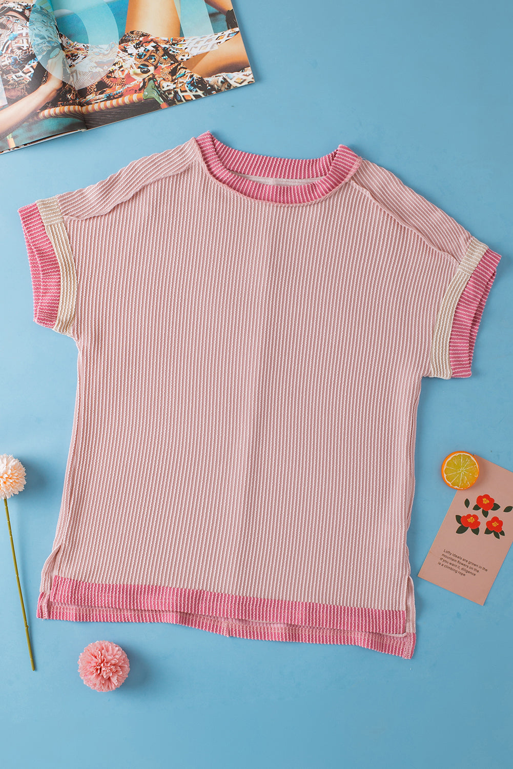 Light Pink Textured Colorblock Round Neck T Shirt