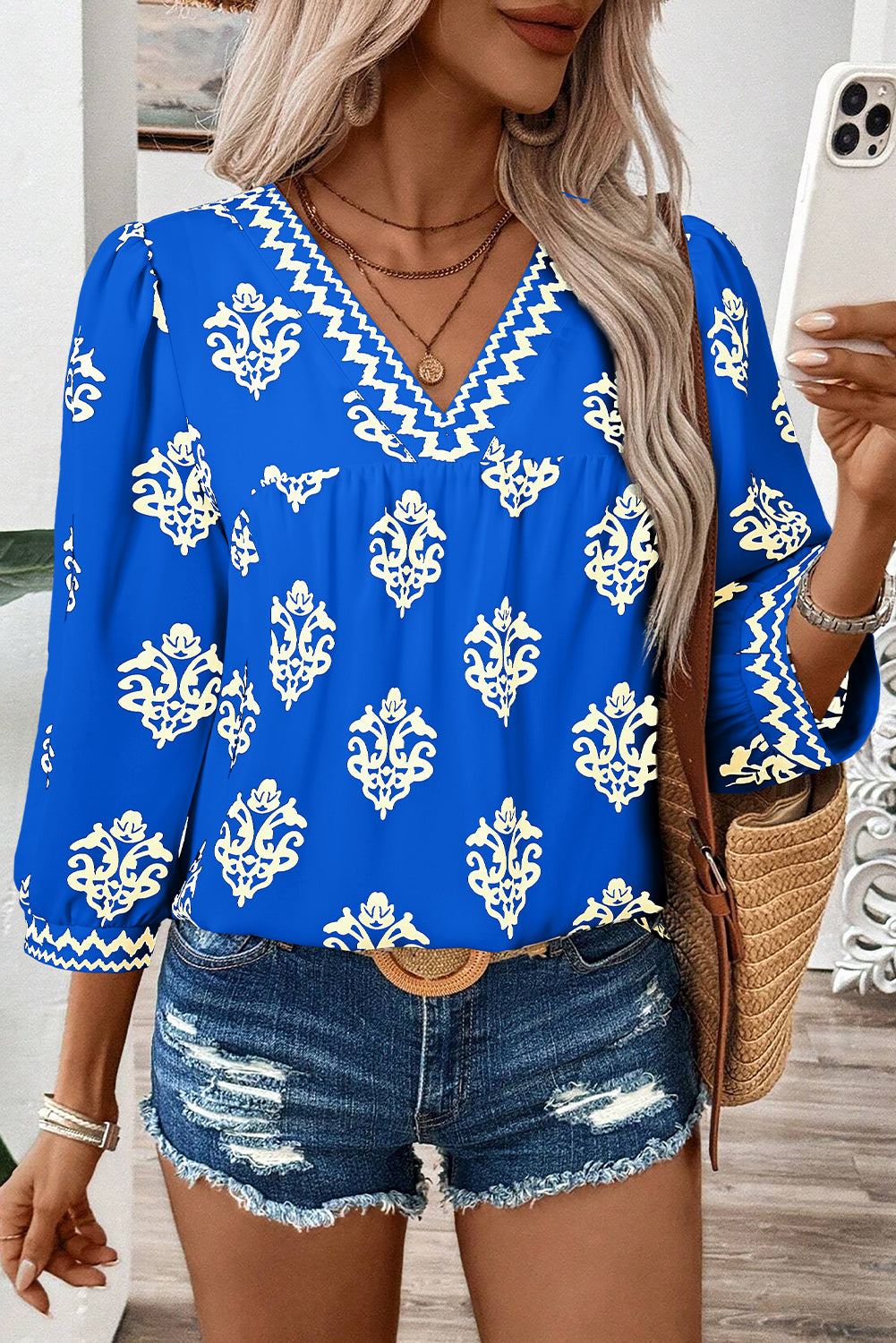 Green Damask Floral Print Contrast V Neck 3/4 Sleeve Blouse - Kustom Kreations Goods