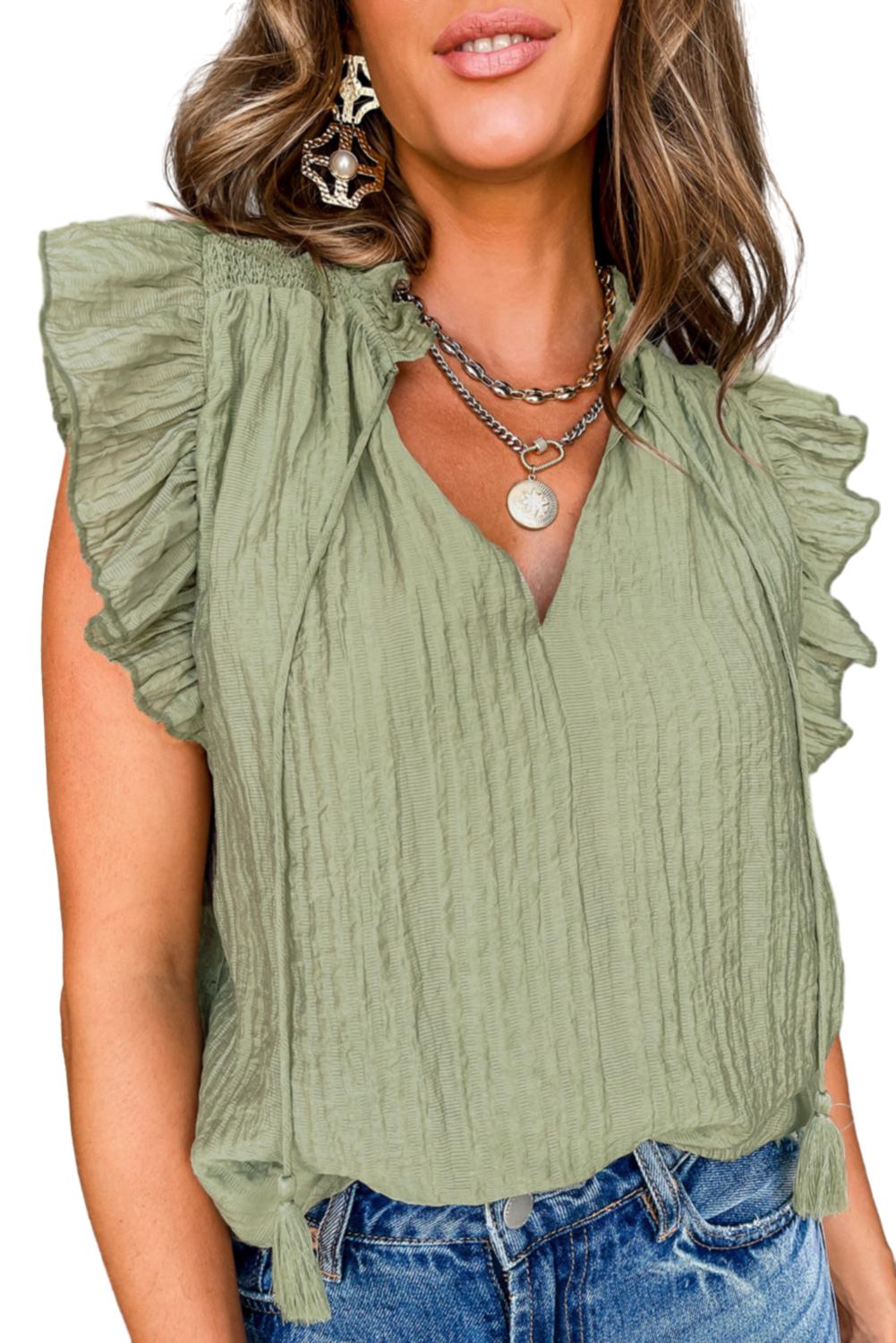 Navy Blue V Neck Flutter Sleeve Textured Blouse