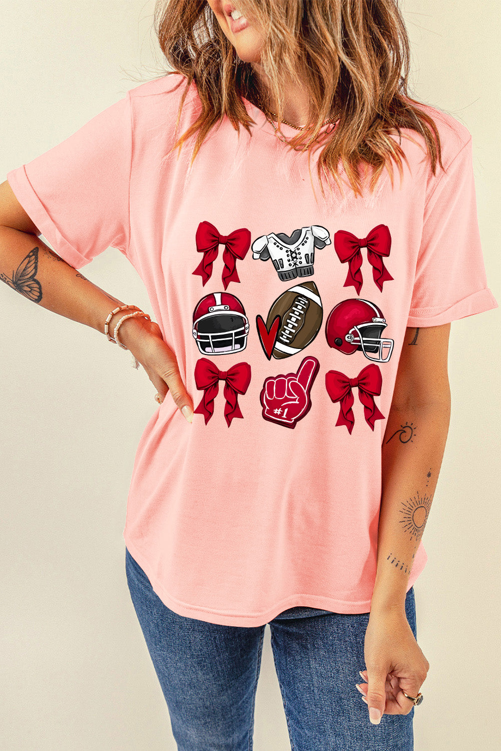 Pink Rugby Cheer Helmet Bow Graphic Tee
