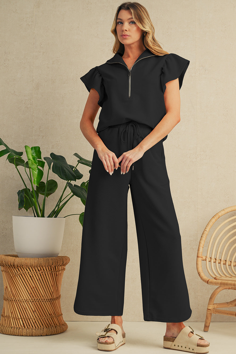 Black Textured Ruffle Sleeve Zipped Top and Wide Leg Pants Set - Kustom Kreations Goods