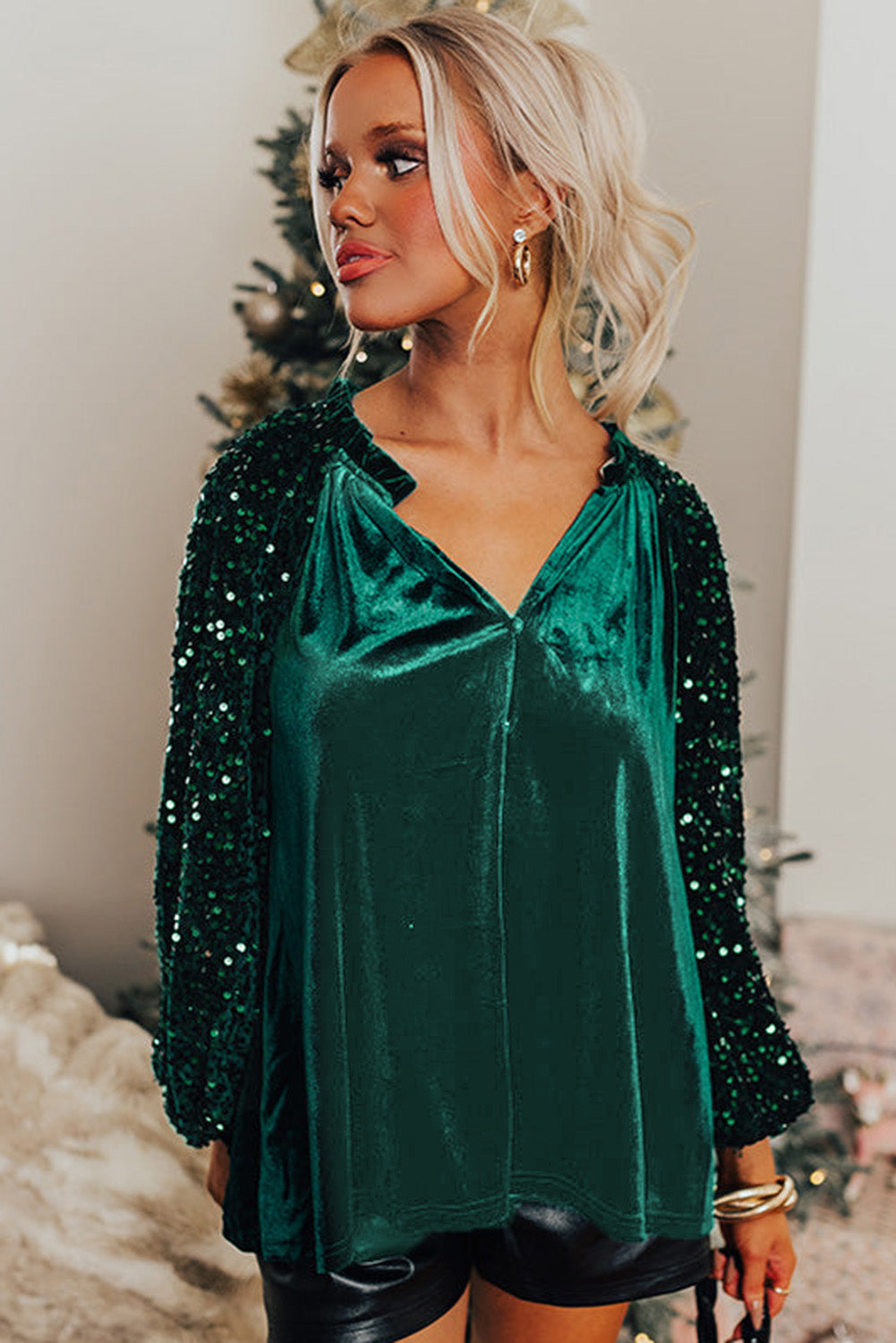 Evergreen Velvet Sequin Patchwork Sleeve Button Up Blouse