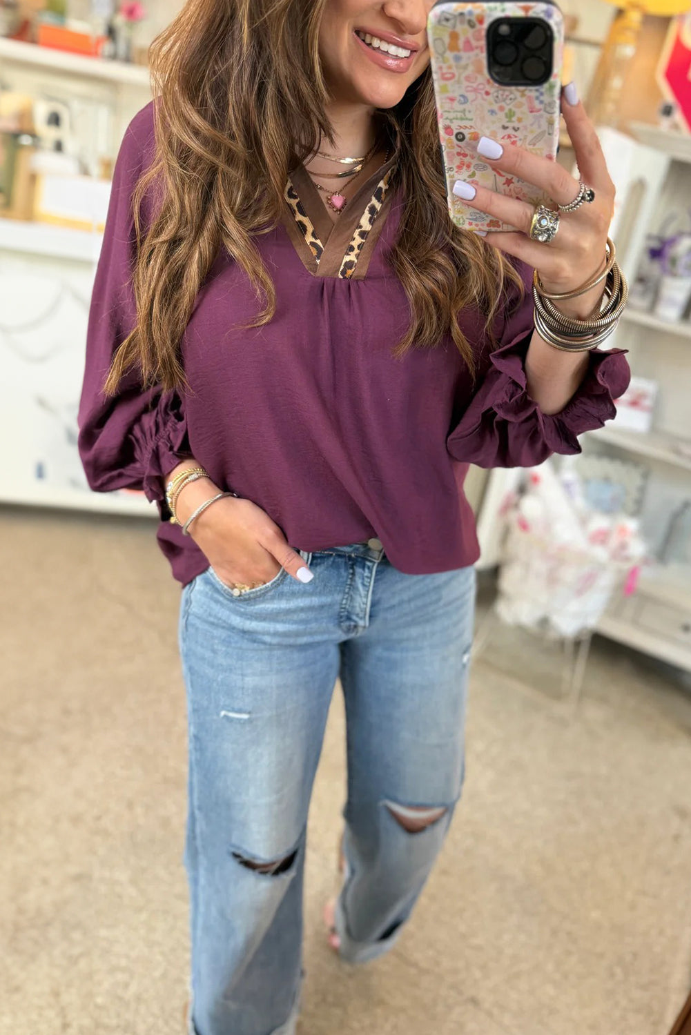 Violet Leopard Trim Notched Neck Bubble Sleeve Blouse