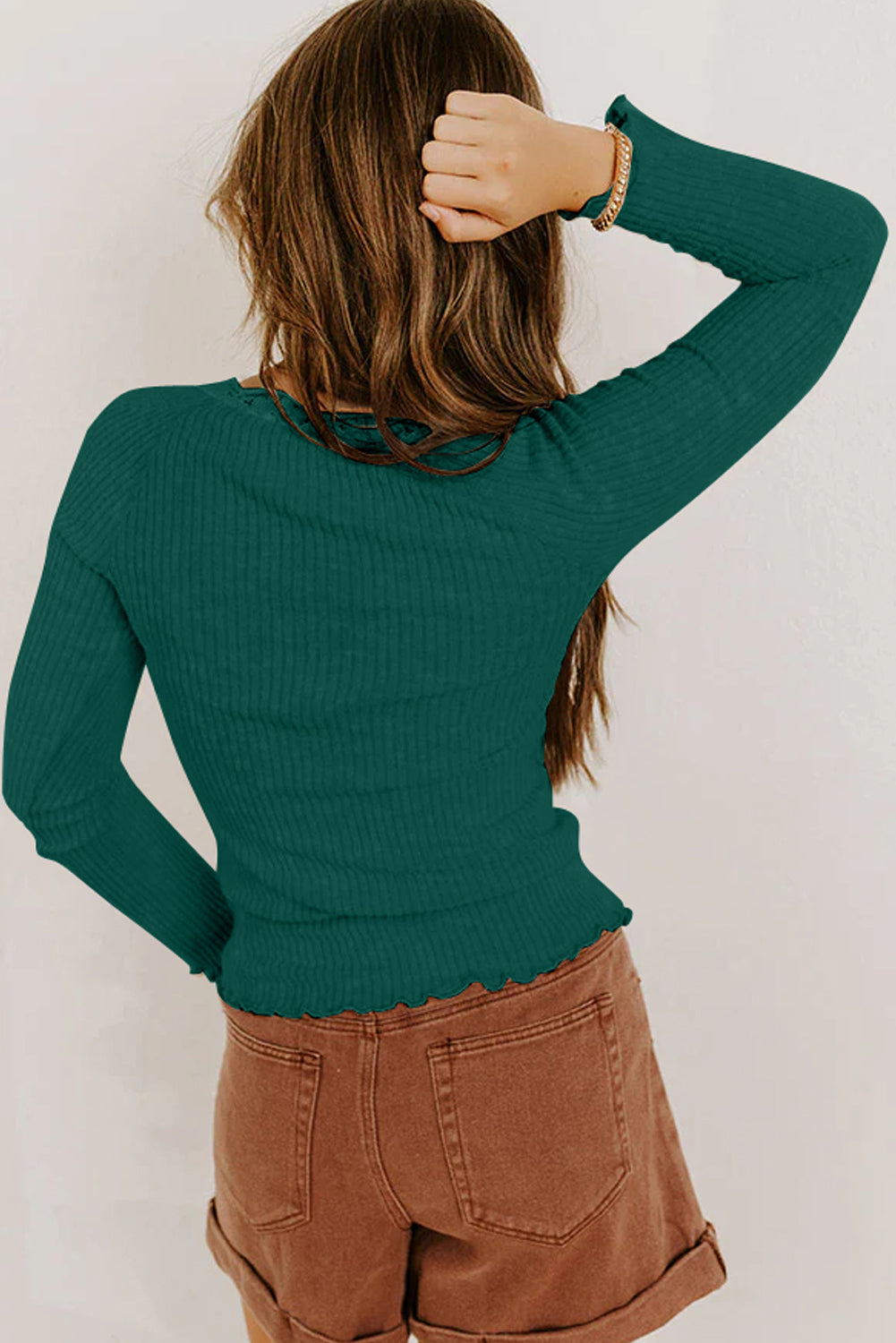 Black Lace Neckline Button Decor Lettuce Edge Long Sleeve Ribbed Top - Kustom Kreations Goods