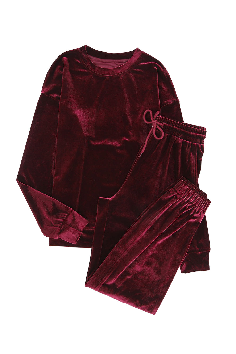 Red Solid Velvet Round Neck Top & Drawstring Pants Longe Set