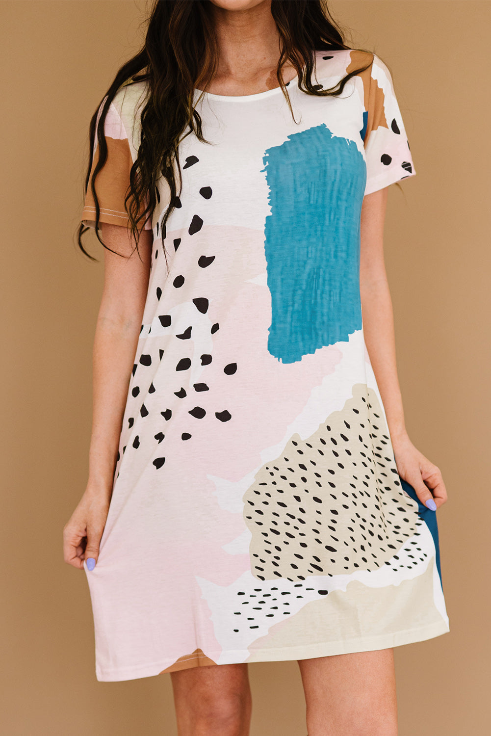 Tie Dye and Spotted Print Color Block Casual T Shirt Summer Dress