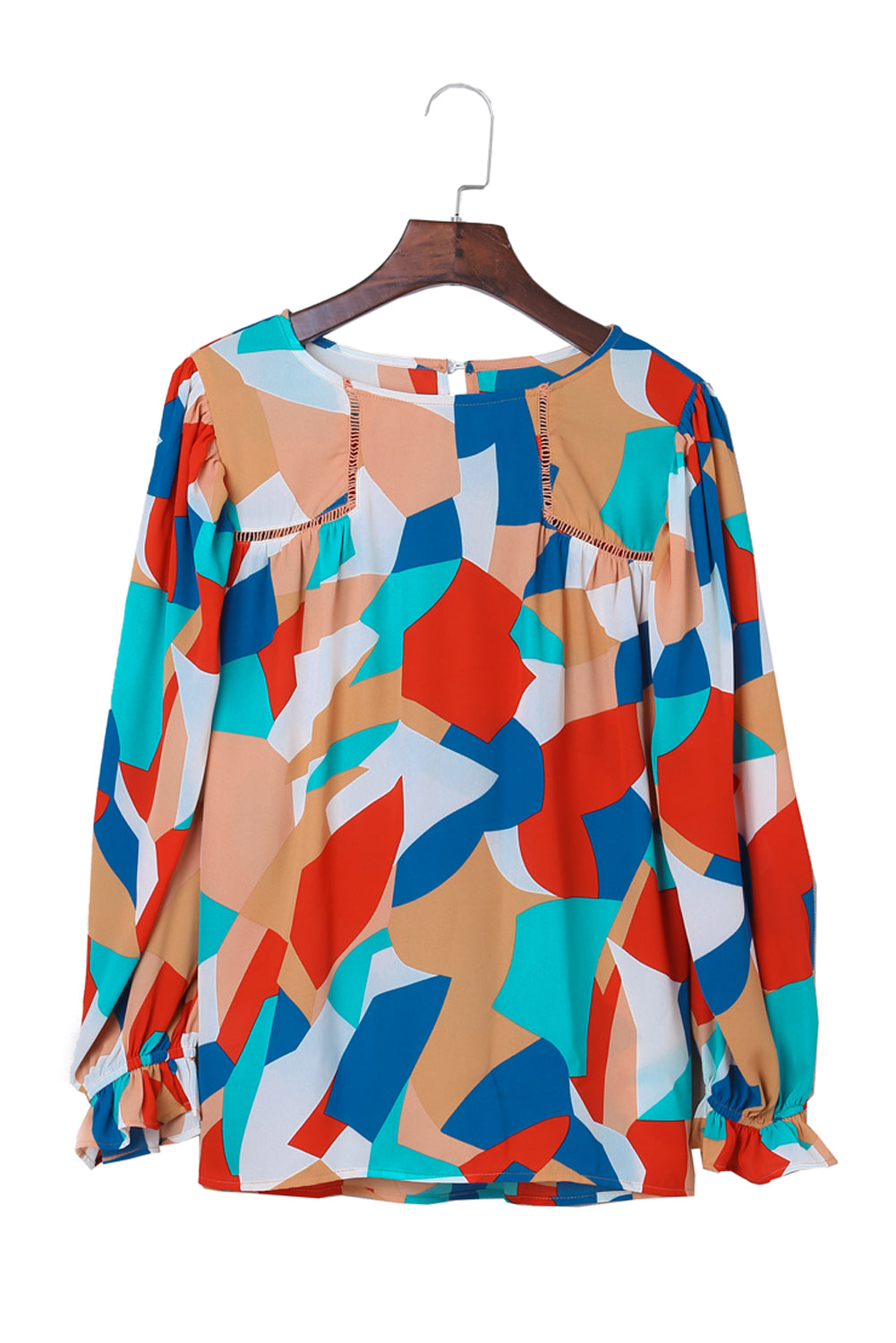 Multicolor Colorblock Casual Ruffle Puff Sleeve Blouse