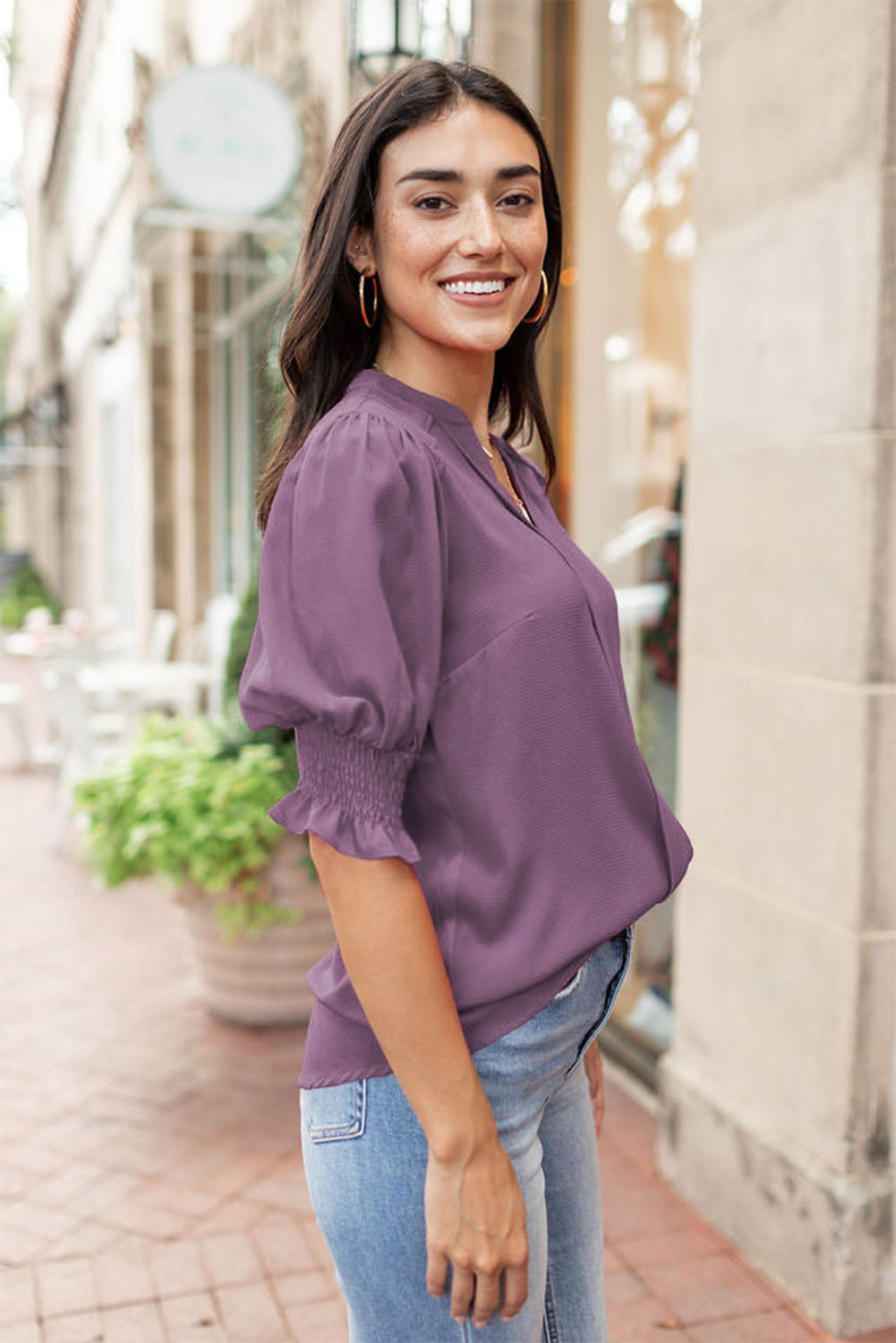 Apricot Solid Puffed Sleeve Shirred V Neck Blouse