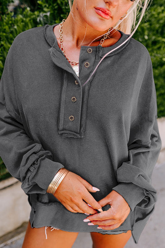 Dark Grey Slouchy Drop Shoulder Henley Sweatshirt