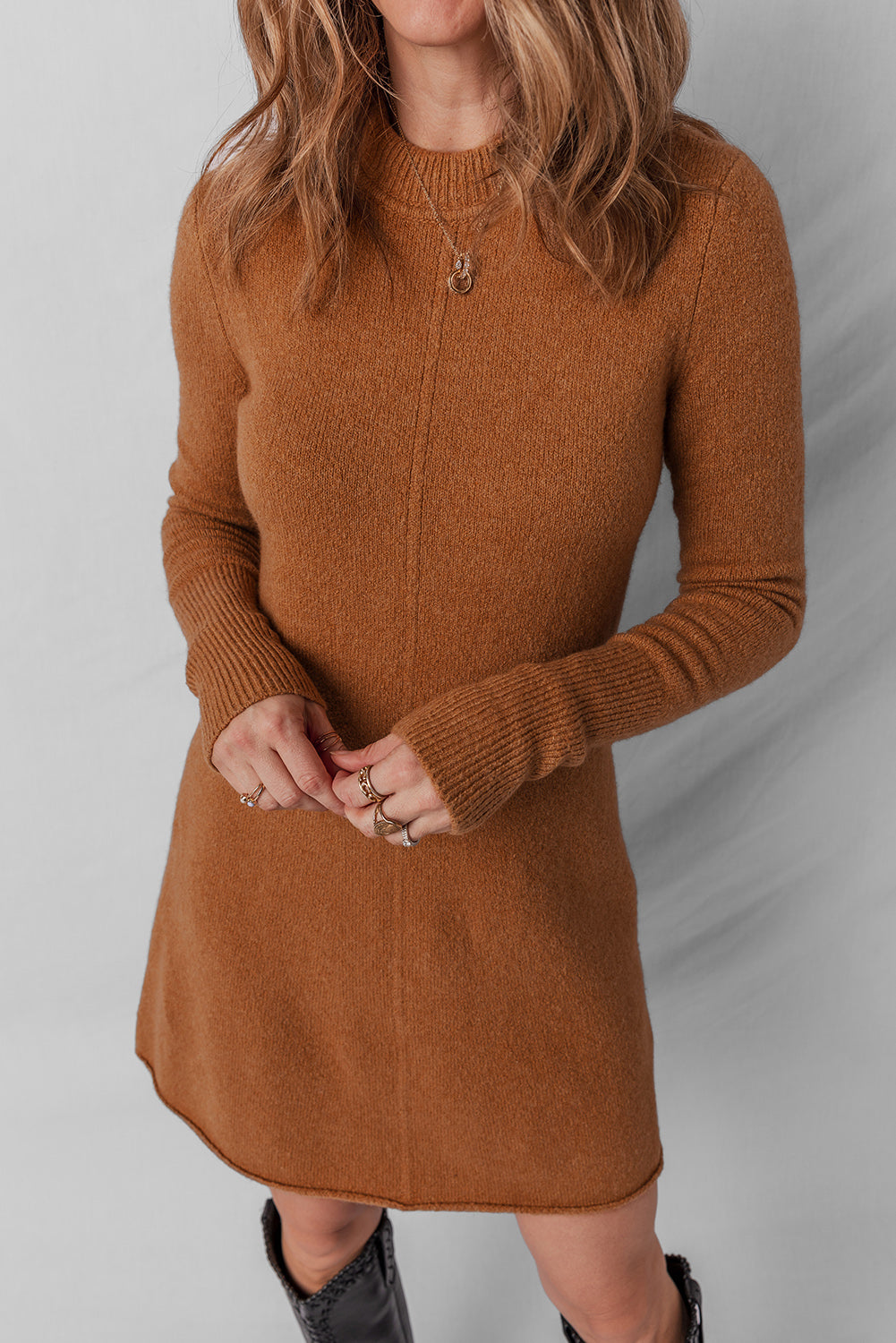 Straw Yellow Ribbed Detail Solid Color Mini Sweater Dress - Kustom Kreations Goods