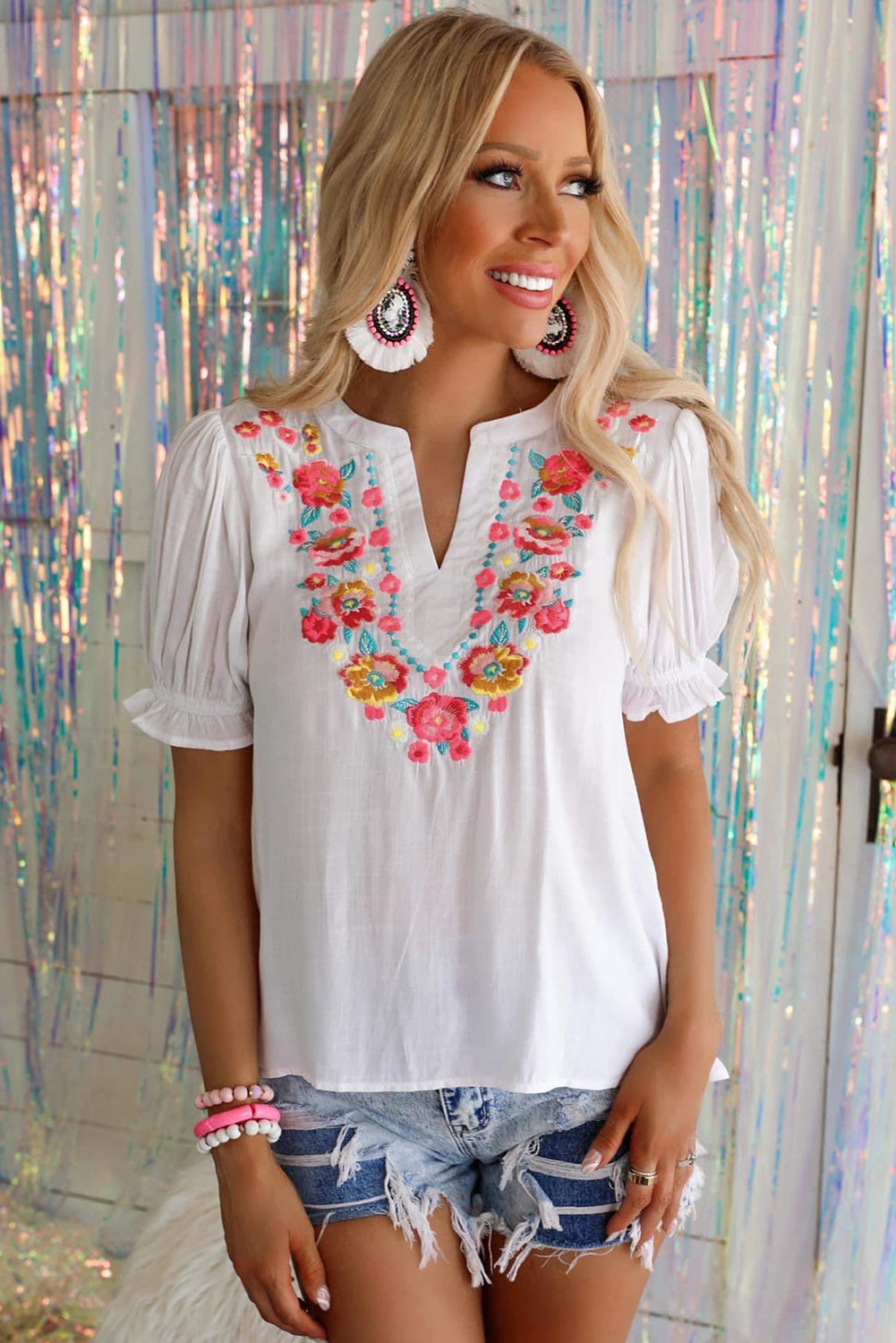 Black Floral Embroidered Boho Ruffle Puff Sleeve Blouse