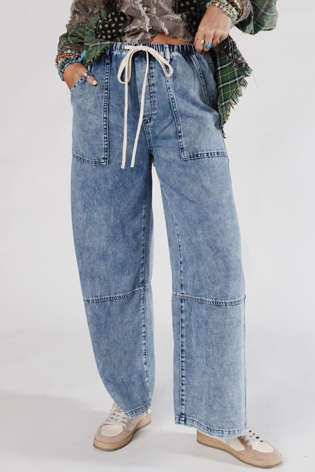 Ashleigh Blue Acid Wash Exposed Seam Drawstring High Waist Jeans - Kustom Kreations Goods