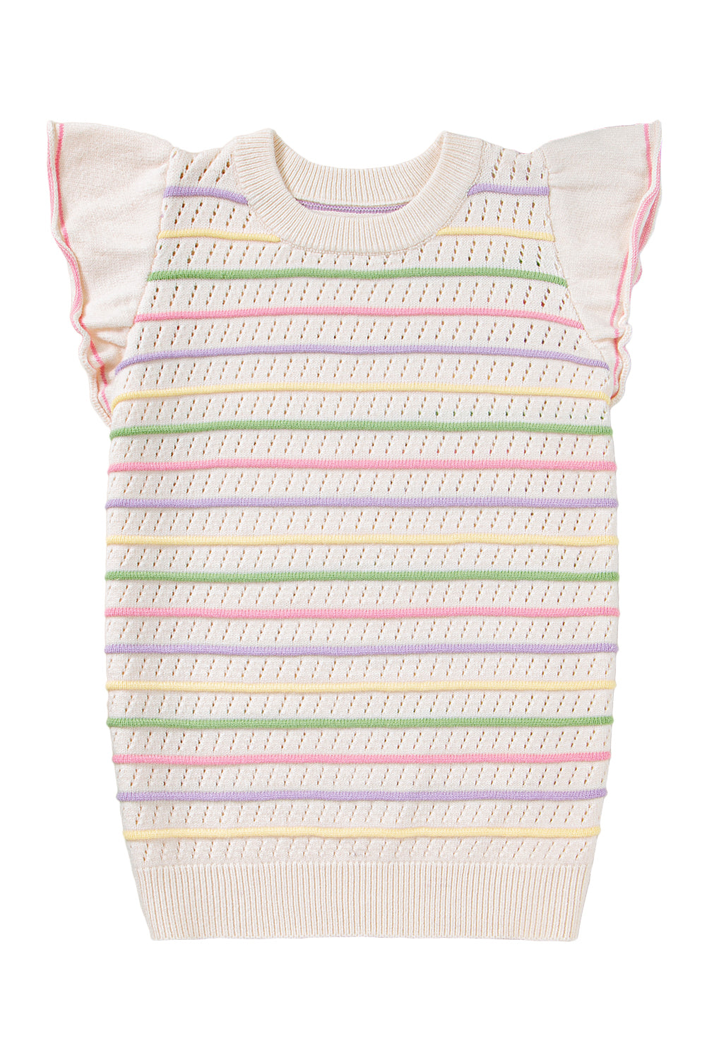 Oatmeal Colorful Striped Eyelet Knit Ruffle Top