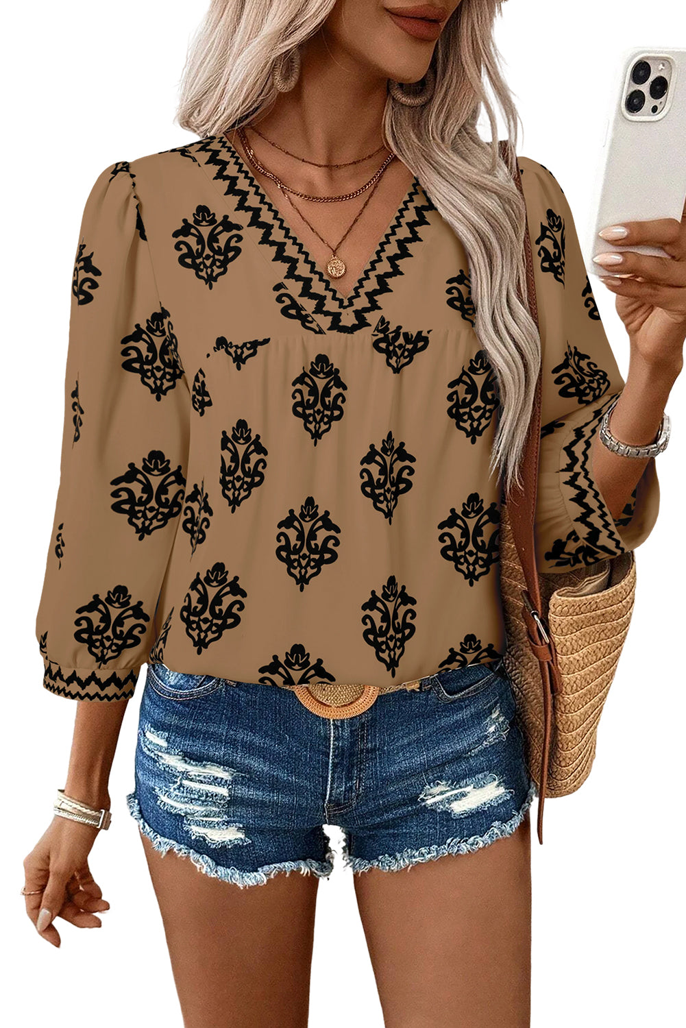 Green Damask Floral Print Contrast V Neck 3/4 Sleeve Blouse - Kustom Kreations Goods