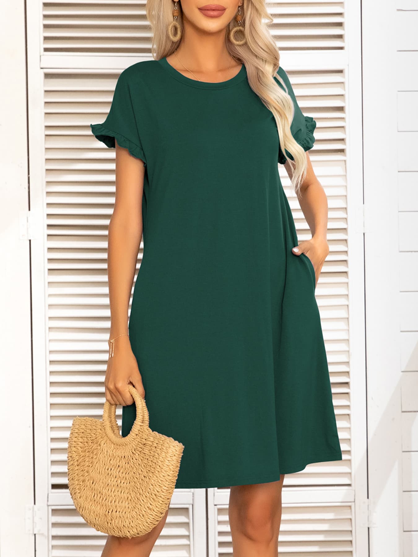 Round Neck Flounce Sleeve Dress with Pockets