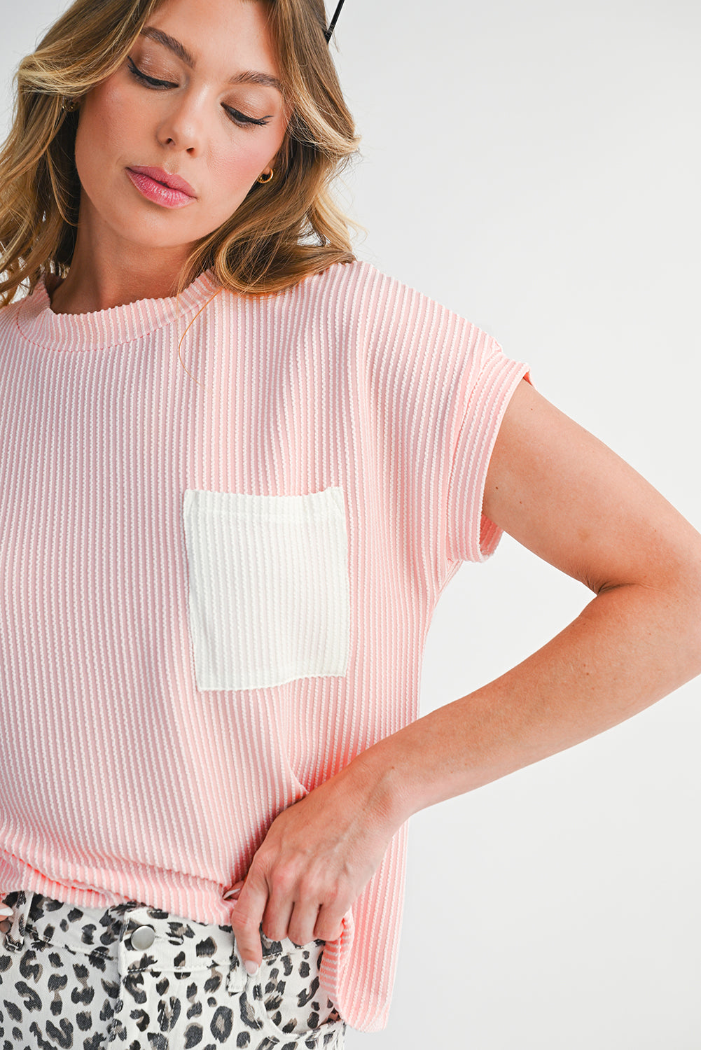 Dark Blue Corded Knit Color Block Pocketed Crew Neck T Shirt