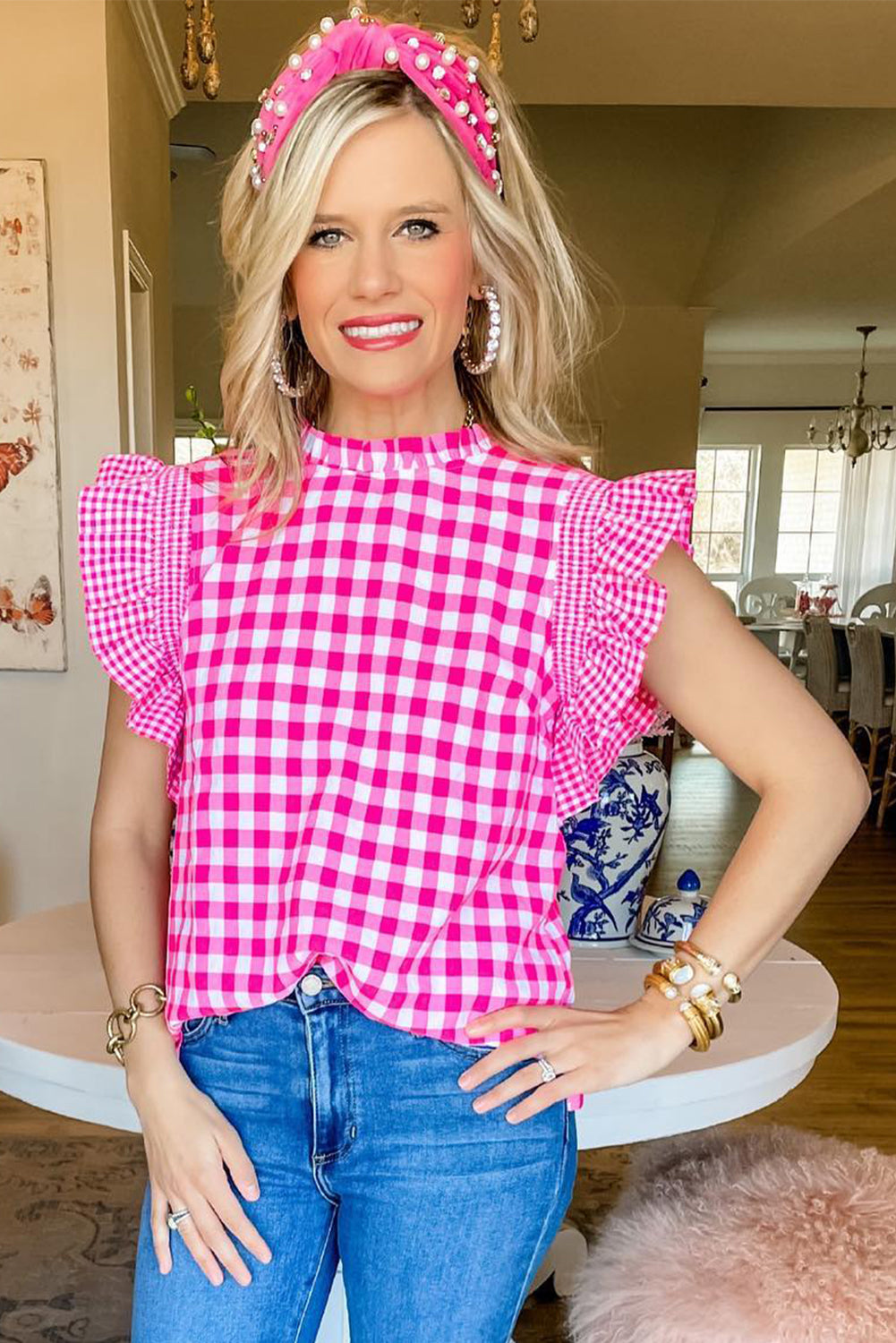 Rose Red Checkered Ruffled Trim Frilled Neck Blouse