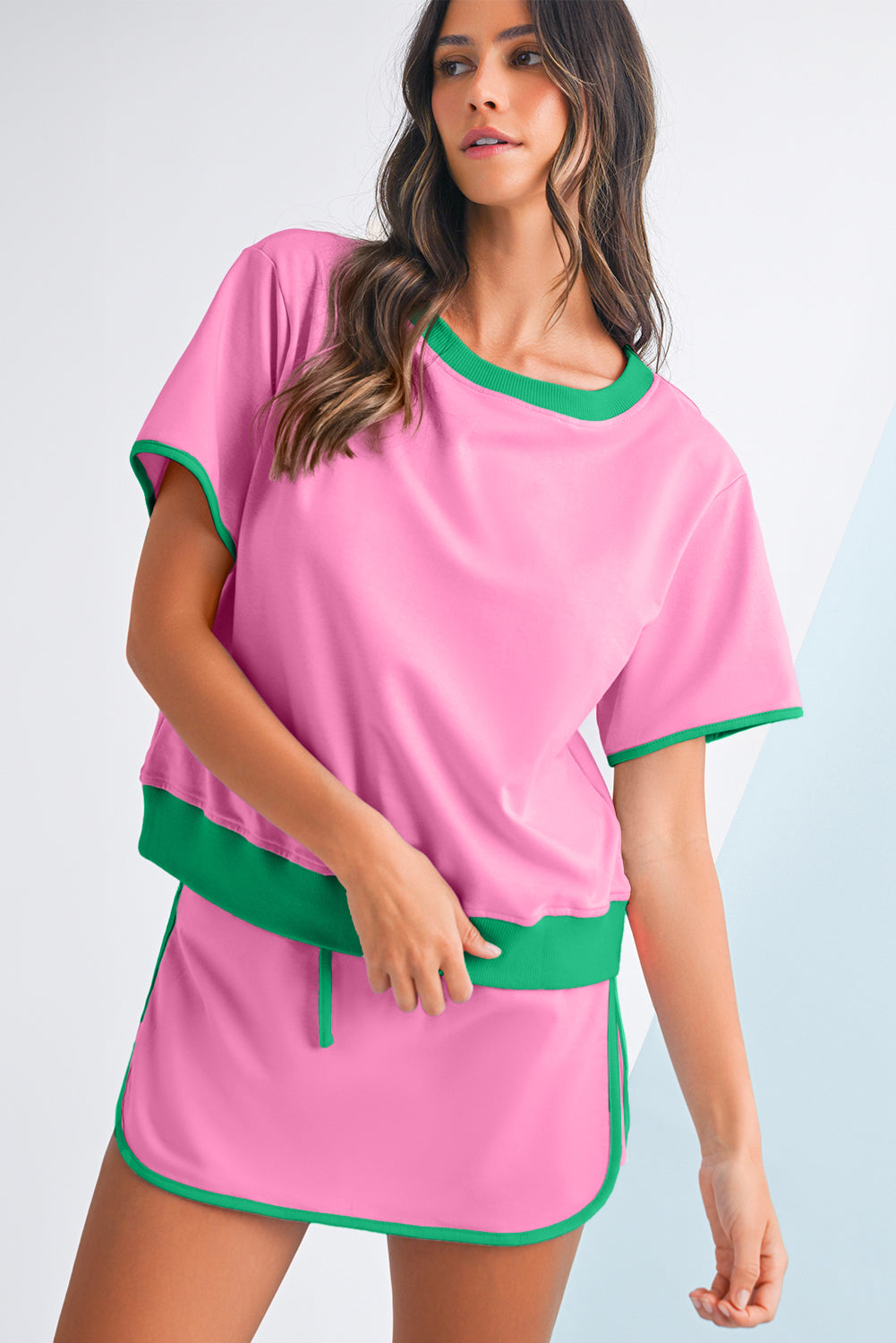 Turquoise Colorblock Edge Drop Shoulder T Shirt and Skort Set