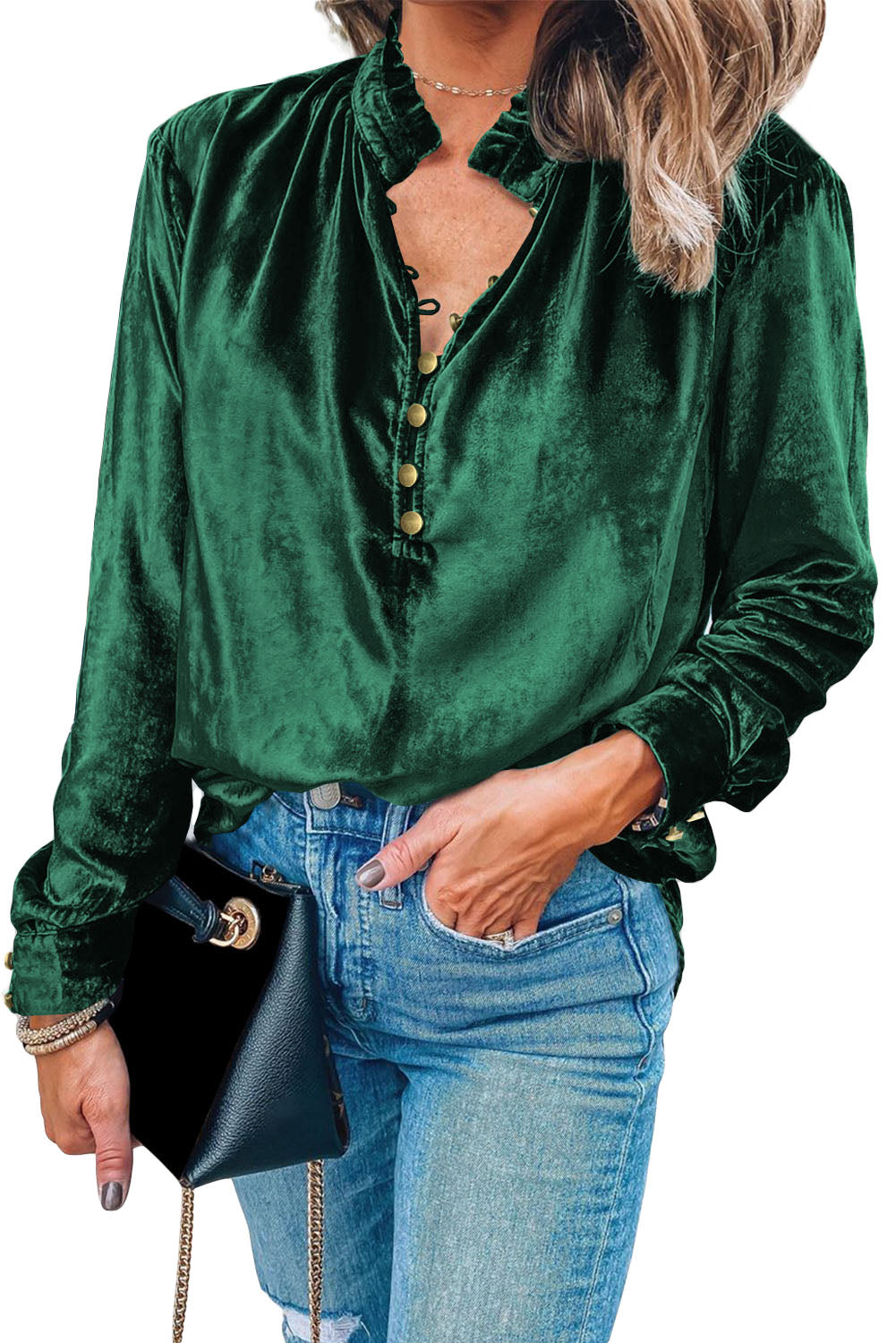 Black Frilled Neck Buttoned Front Velvet Top - Kustom Kreations Goods