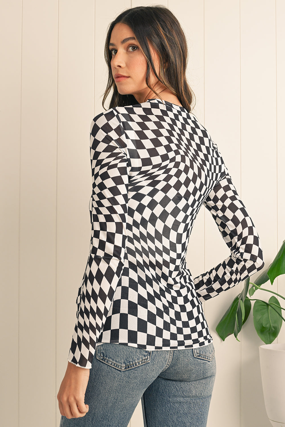 Black Checkered Pattern Mesh Long Sleeve Top - Kustom Kreations Goods