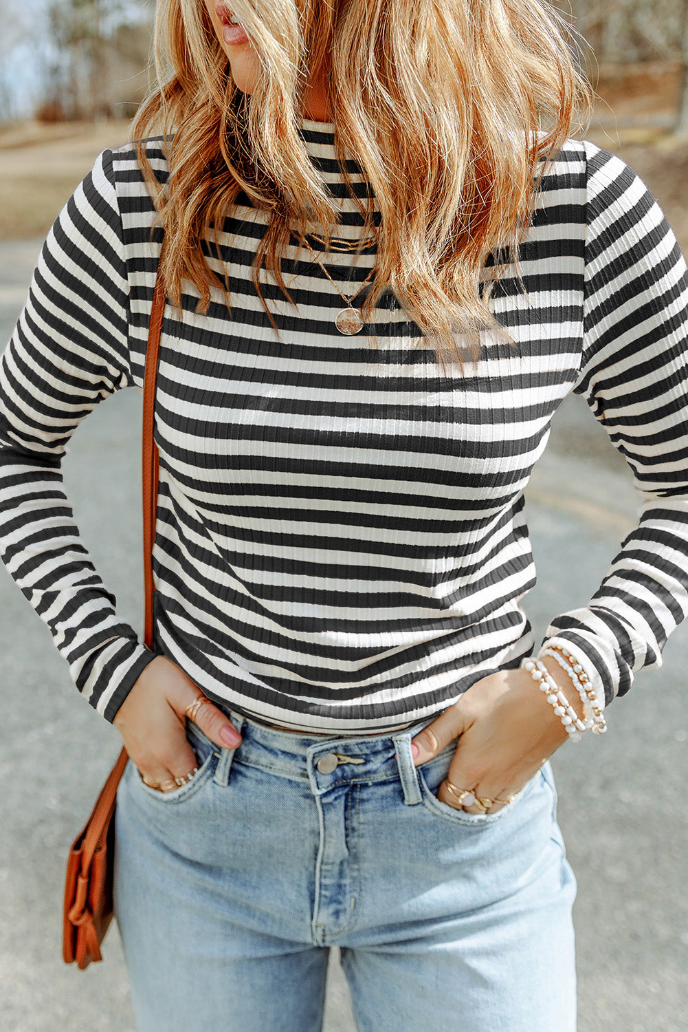 Stripes Print Ribbed Knit Long Sleeve Casual Mock Neck Top