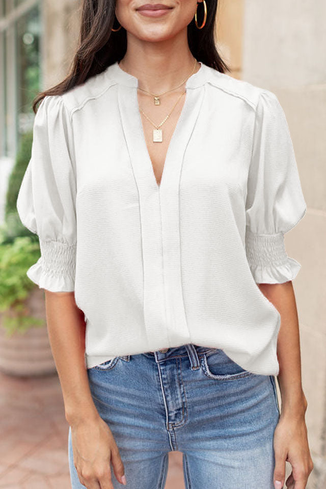 Apricot Solid Puffed Sleeve Shirred V Neck Blouse
