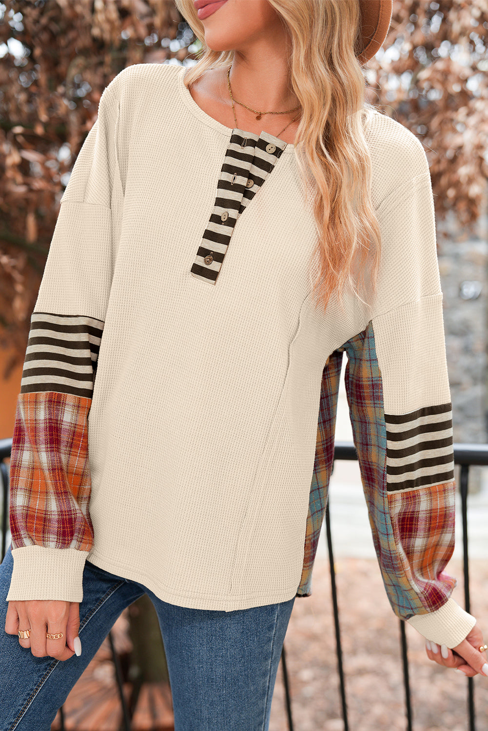 Straw Yellow Waffle Stripe Plaid Patchwork Henley Top