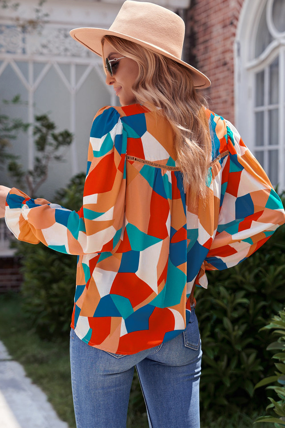 Multicolor Colorblock Casual Ruffle Puff Sleeve Blouse