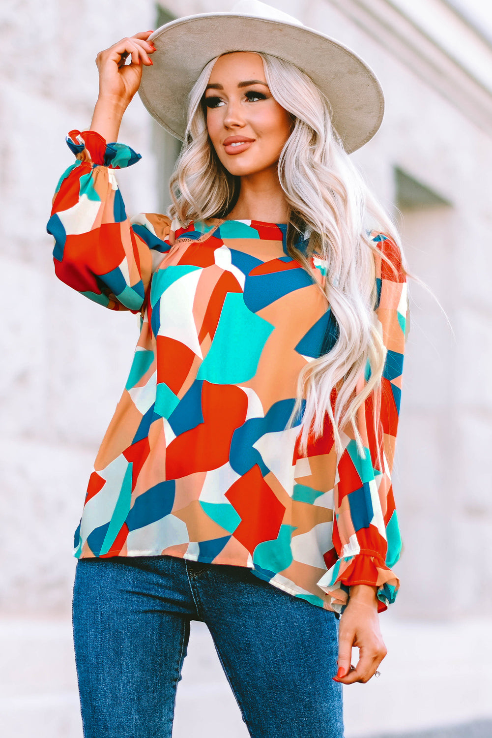 Multicolor Colorblock Casual Ruffle Puff Sleeve Blouse
