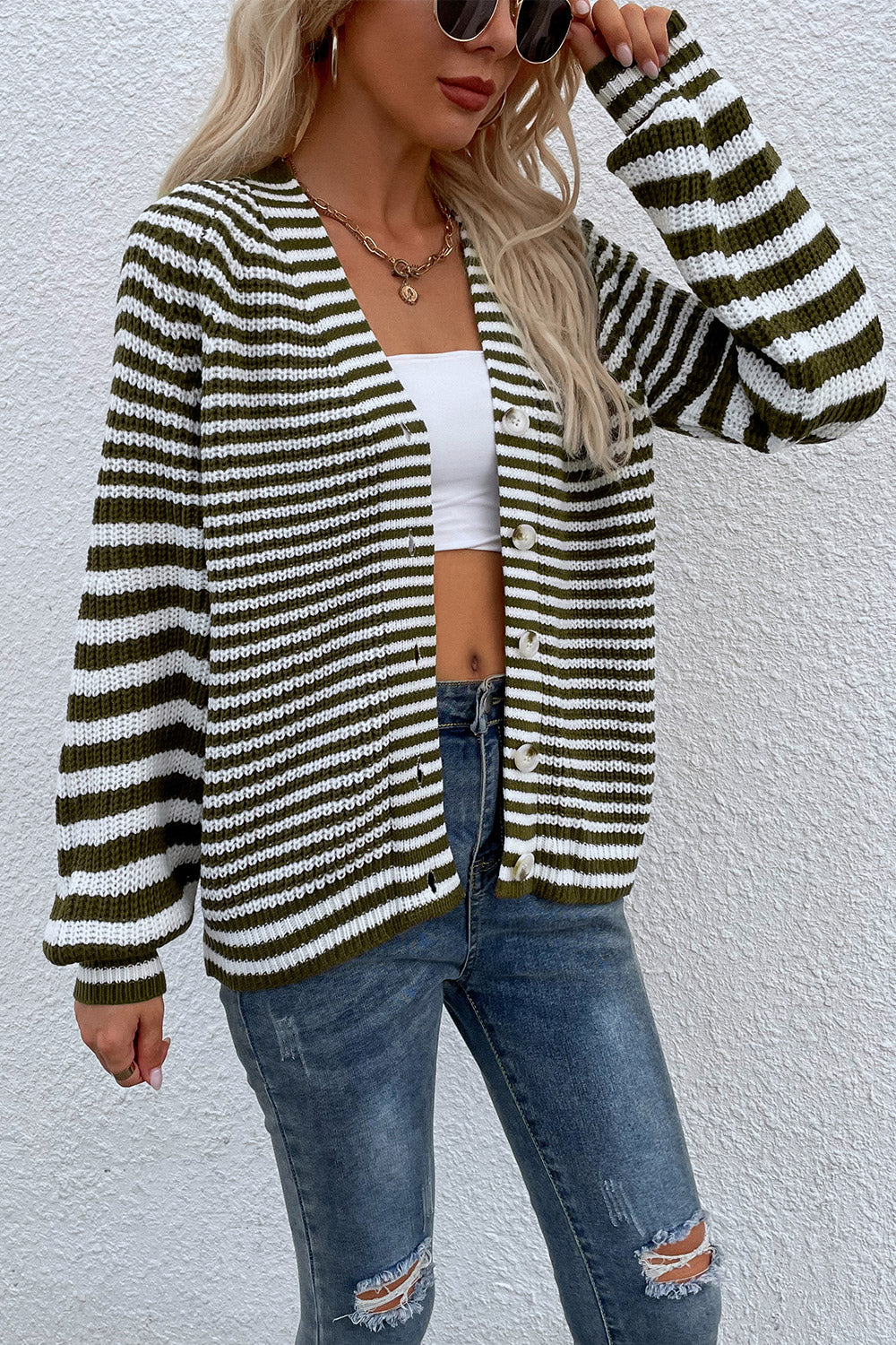 Striped V-Neck Button-Down Cardigan