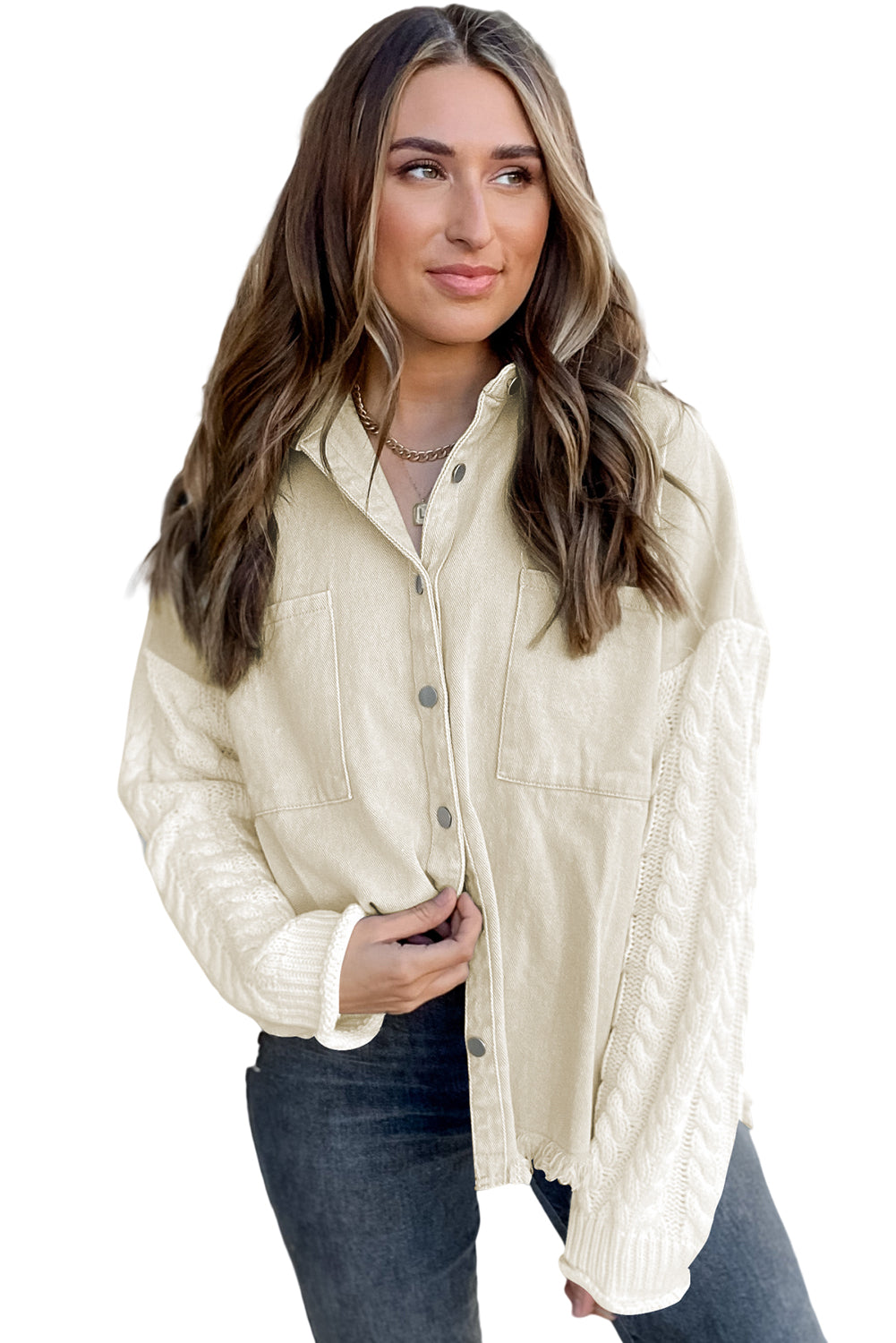 Beige Cable Knit Patchwork Sleeve Raw Hem Shacket
