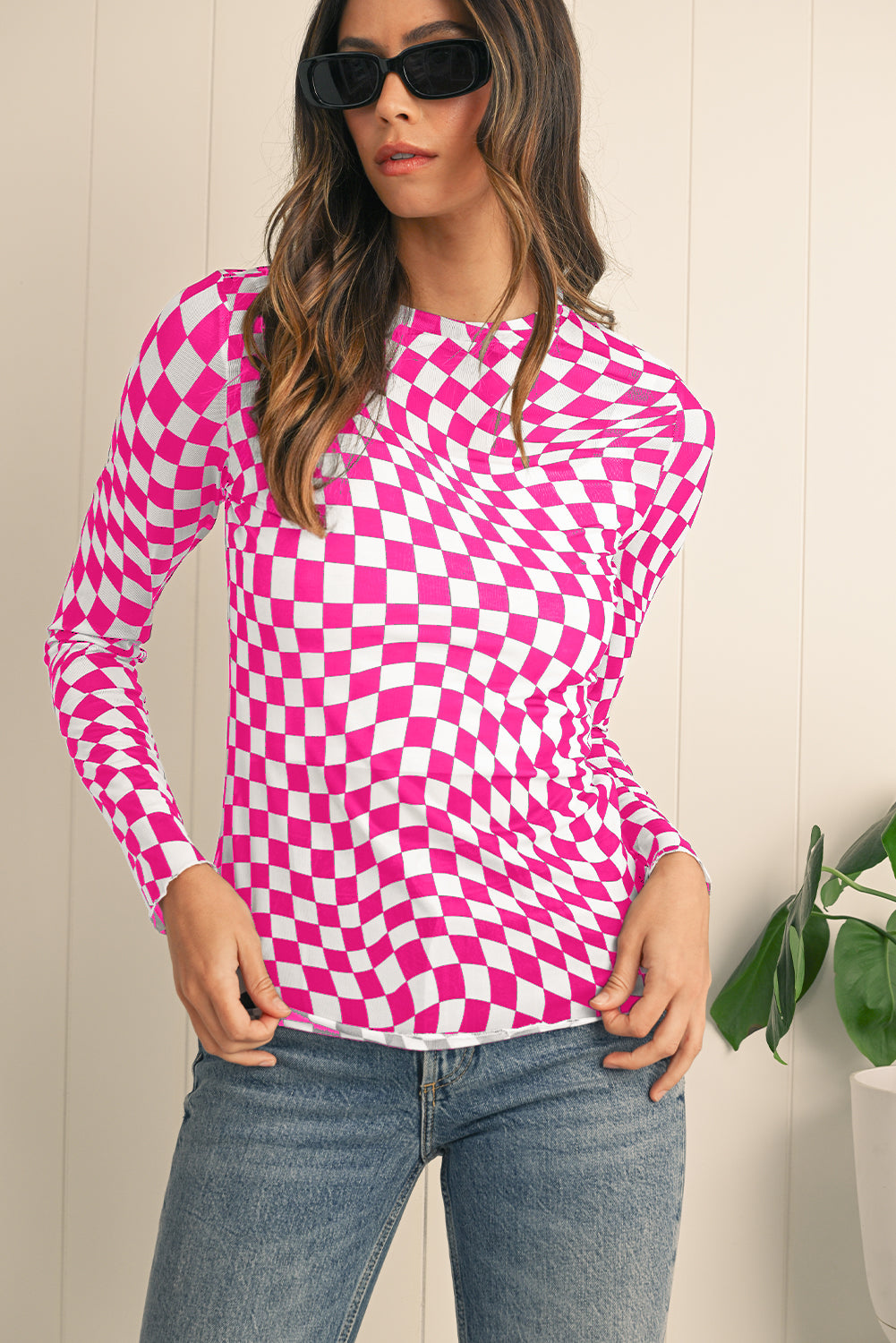 Black Checkered Pattern Mesh Long Sleeve Top - Kustom Kreations Goods