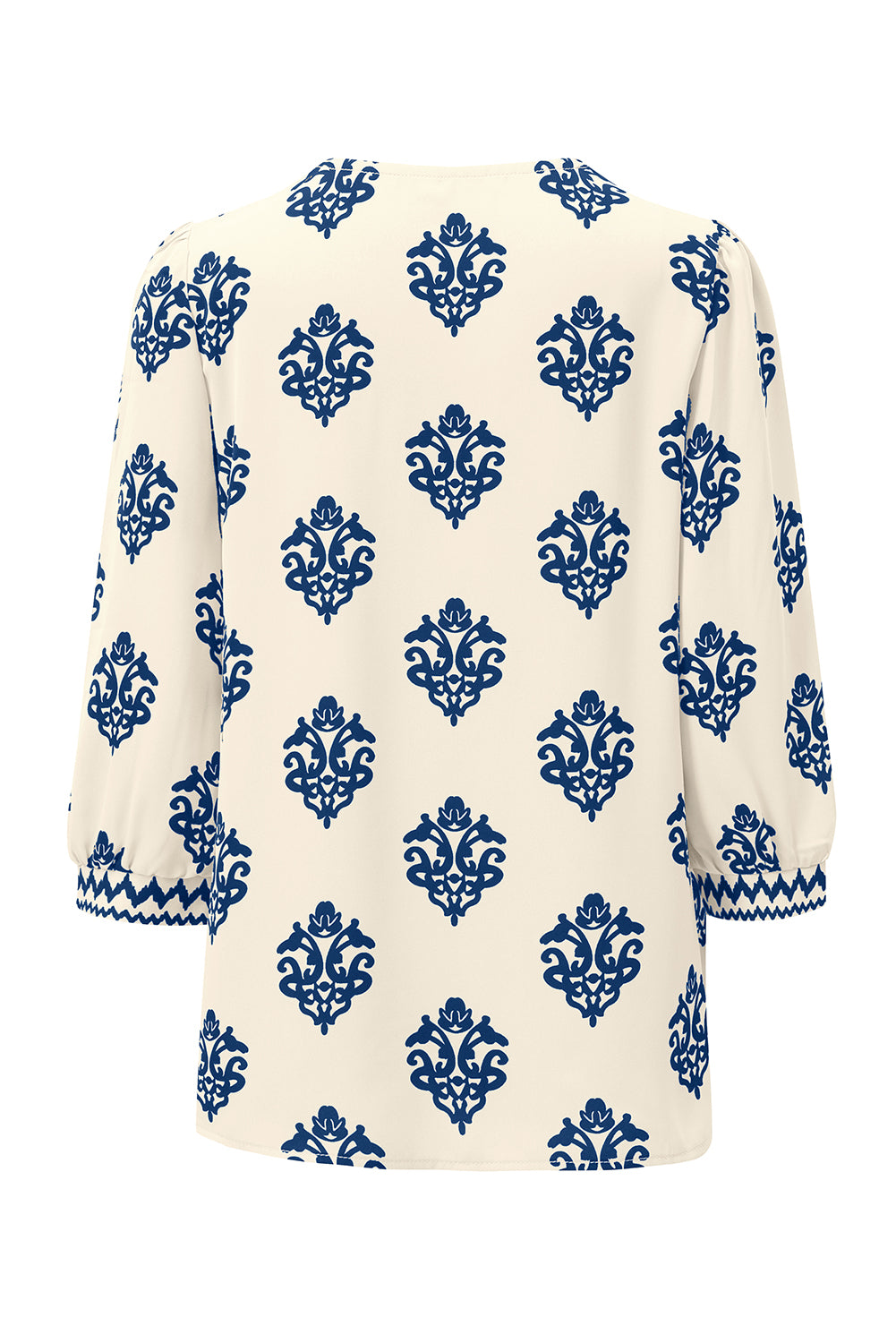 Green Damask Floral Print Contrast V Neck 3/4 Sleeve Blouse - Kustom Kreations Goods