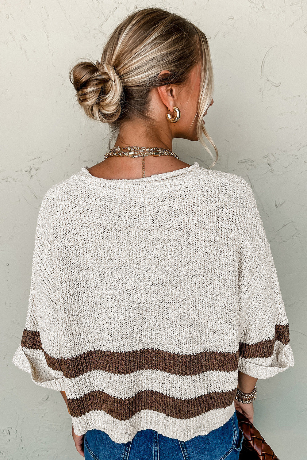Brown Stripe Cropped Drop Sleeve Sweater