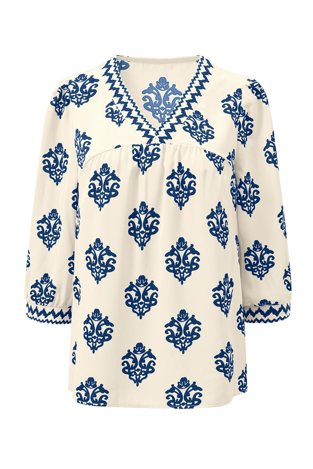 Green Damask Floral Print Contrast V Neck 3/4 Sleeve Blouse - Kustom Kreations Goods