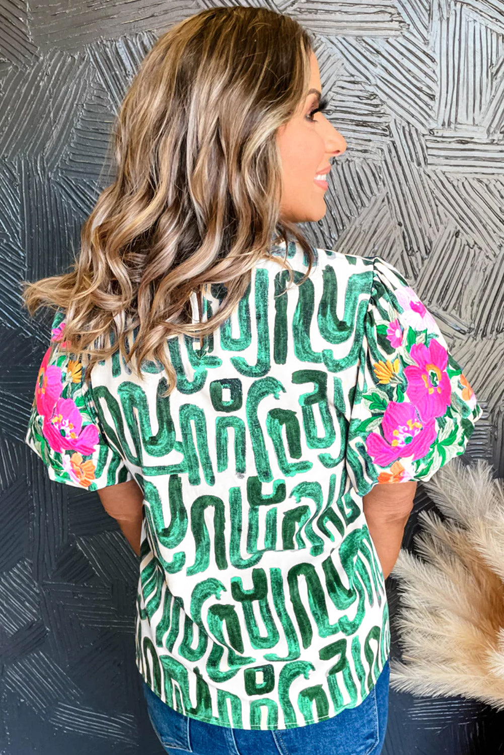 Beige Abstract Floral Print Frilled Neck Puff Sleeve Blouse - Kustom Kreations Goods