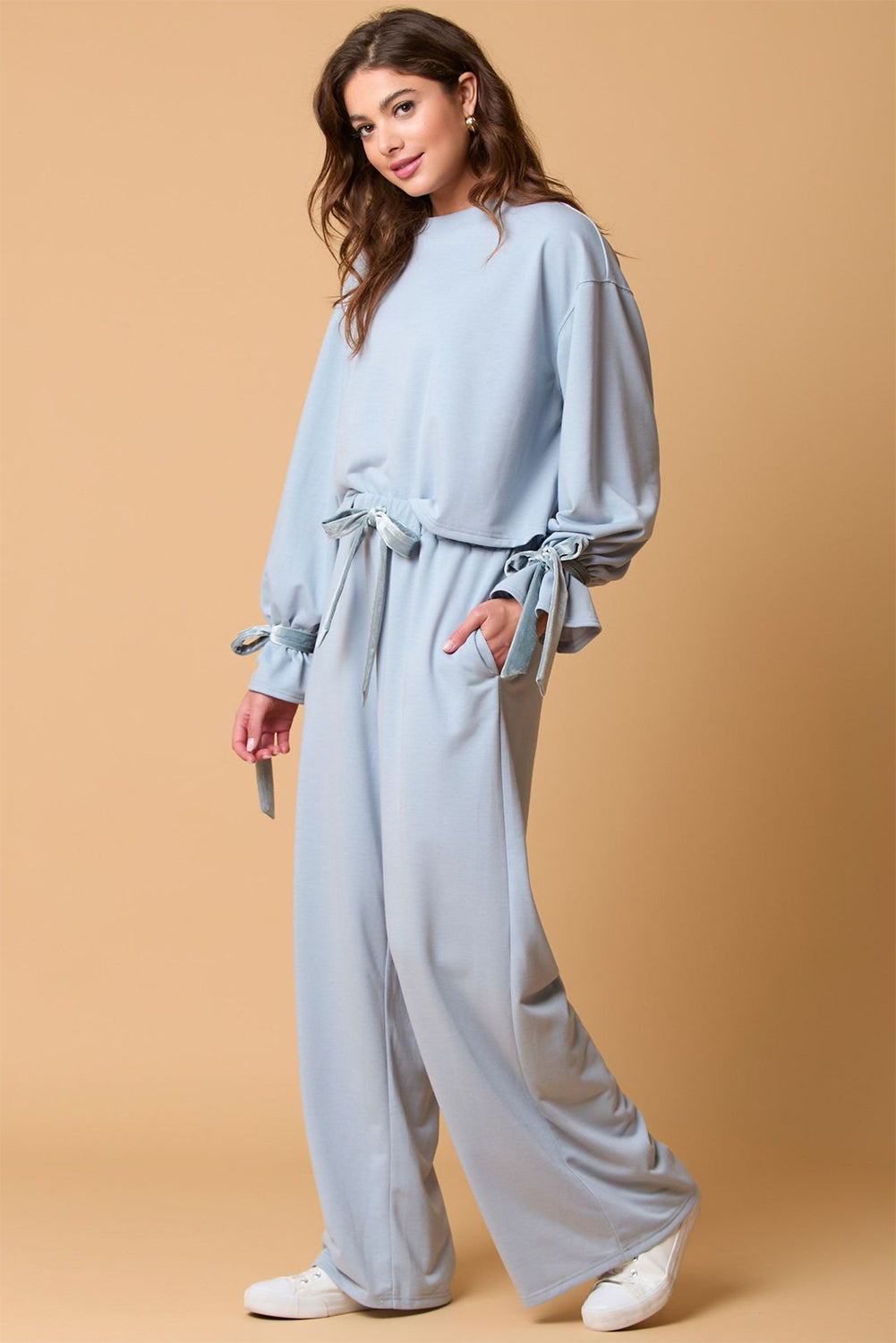 Grey Knot Cuffs Long Sleeve Pullover and Wide Leg Pants Set