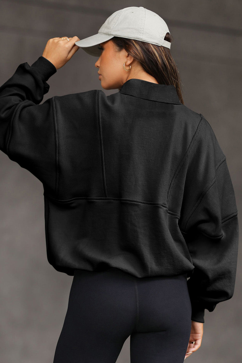 Black Half Zip Stand Collar Exposed Seam Solid Color Casual Sweatshirt - Kustom Kreations Goods