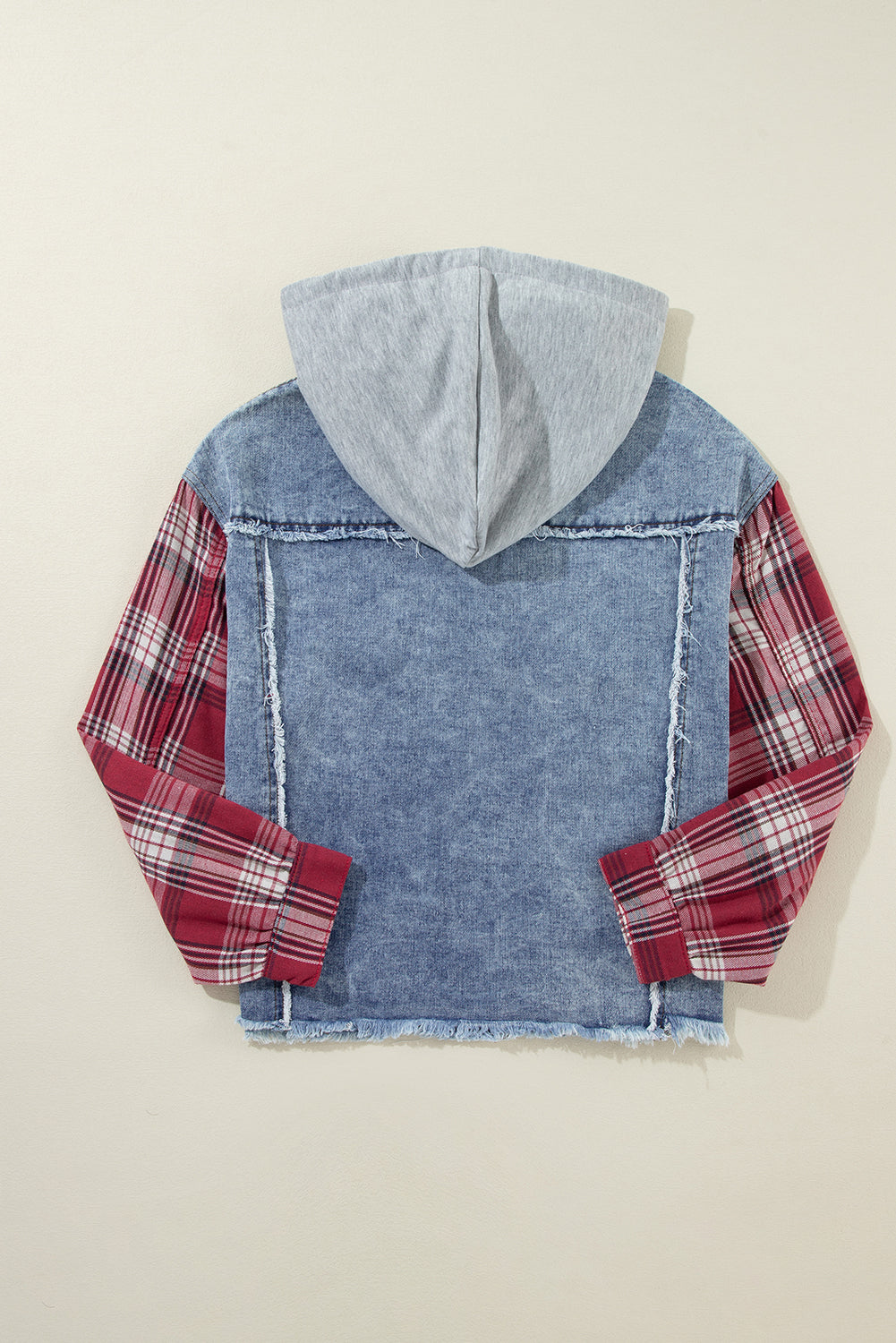 Beau Blue Plaid Print Patchwork Hooded Raw Hem Denim Jacket - Kustom Kreations Goods
