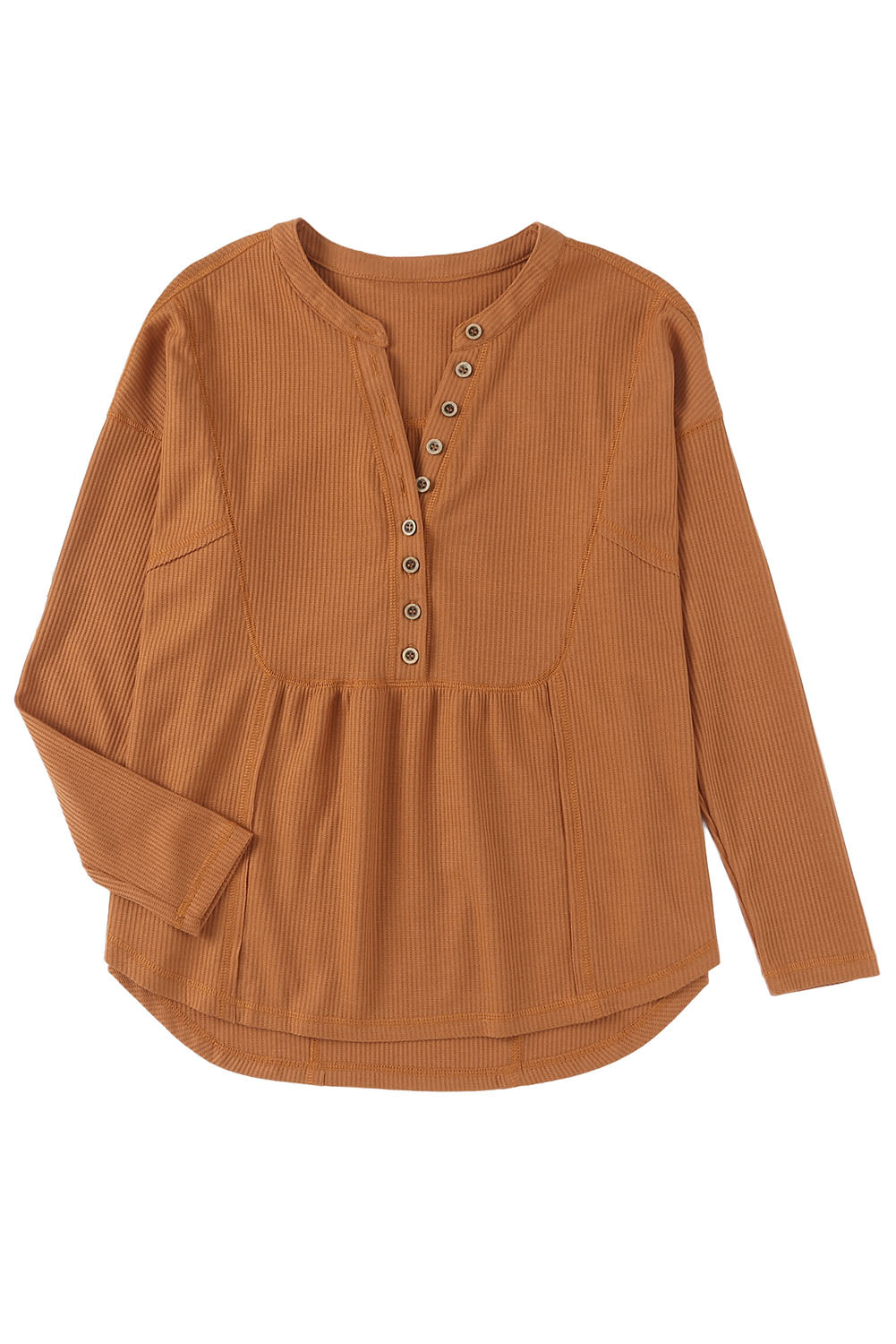 Brown Waffle Knit Casual Button Henley Top
