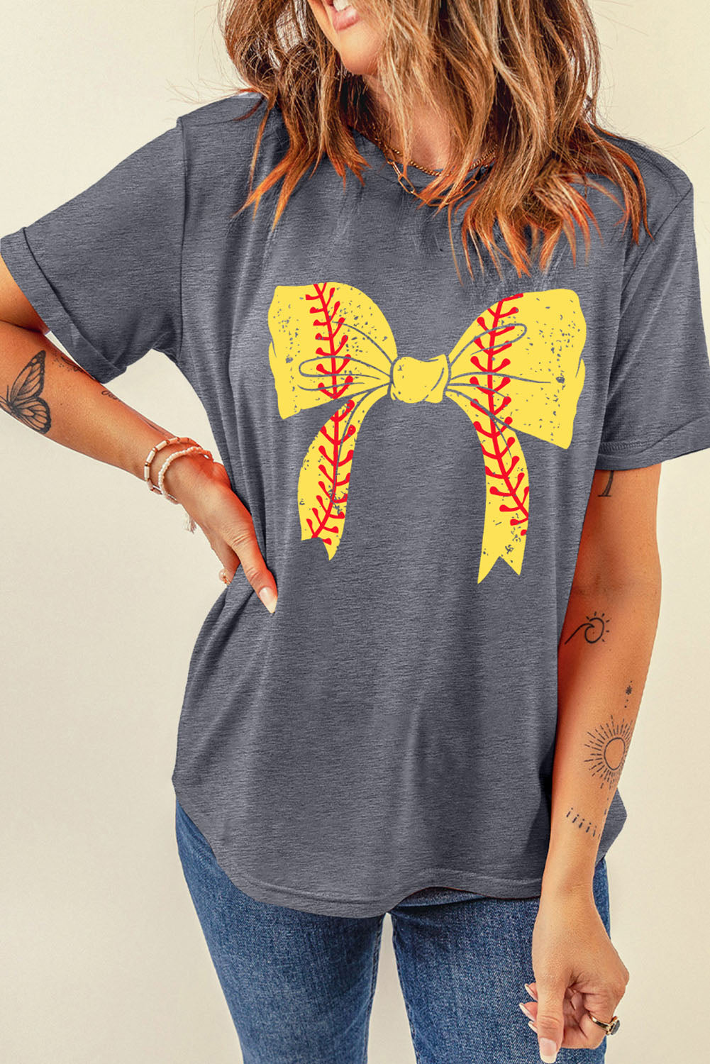 Black Baseball Bowknot Graphic Roll Up Sleeve Tee - Kustom Kreations Goods
