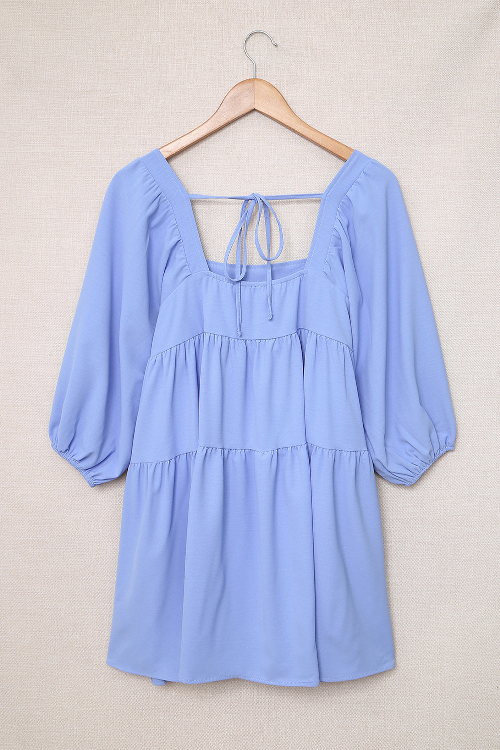 Light Blue Square Neck Lace Up Tiered Short Dress