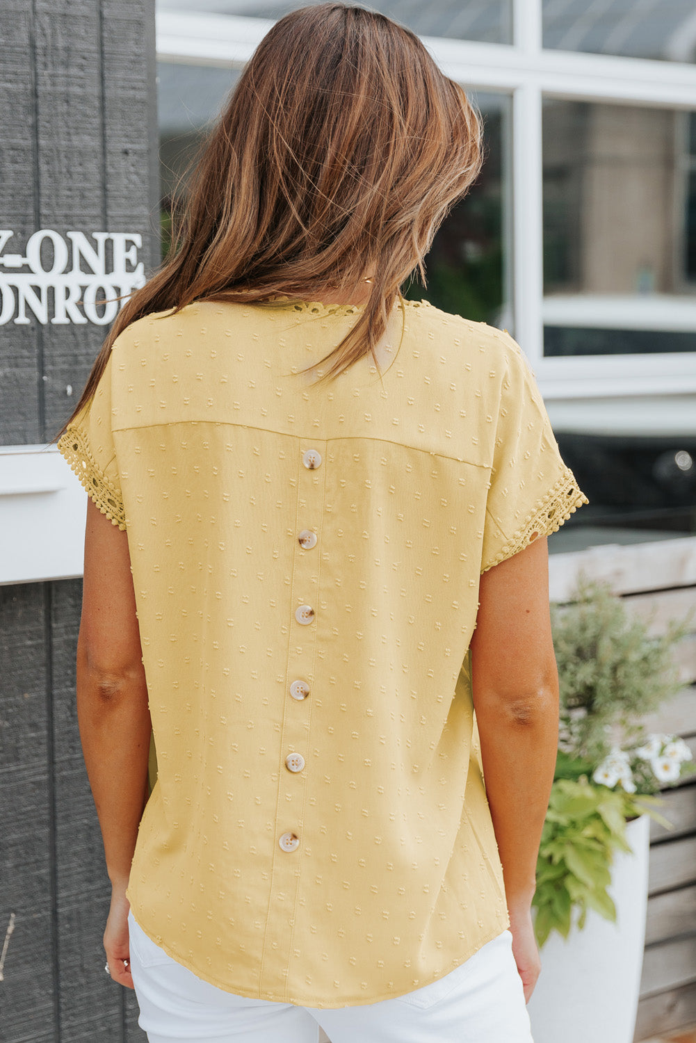 Apricot Swiss Dot Crochet Eyelet Back Button Detail Blouse