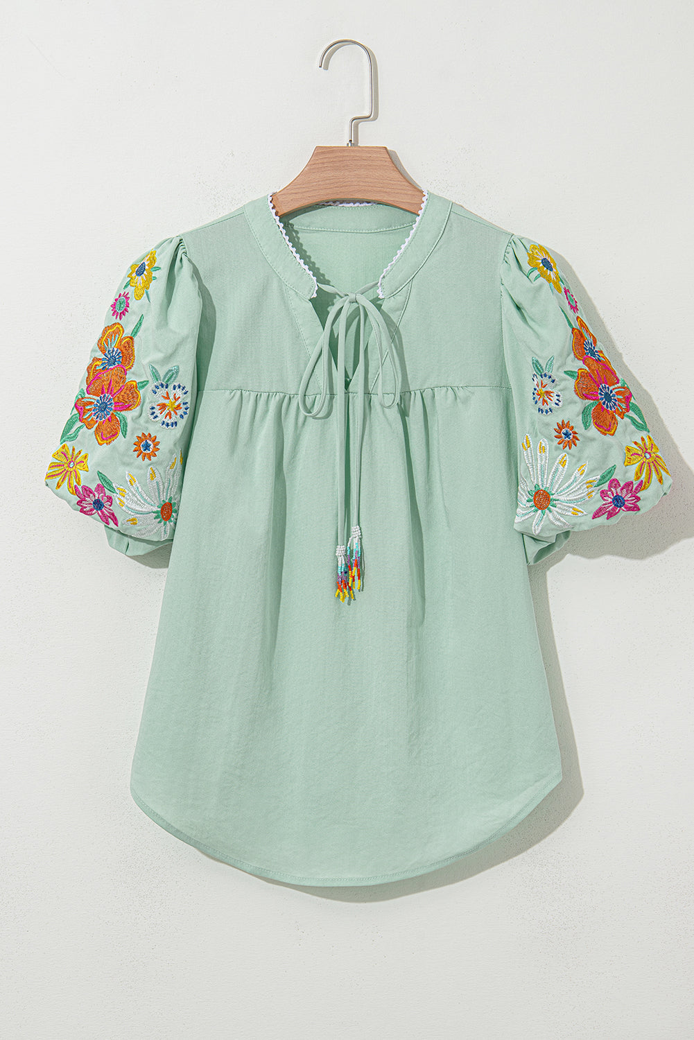 Beau Blue Floral Embroidered Puff Sleeve Split Neck Blouse - Kustom Kreations Goods