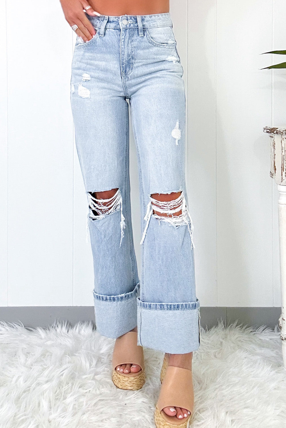 Beau Blue Light Wash Distressed Flare Jeans - Kustom Kreations Goods