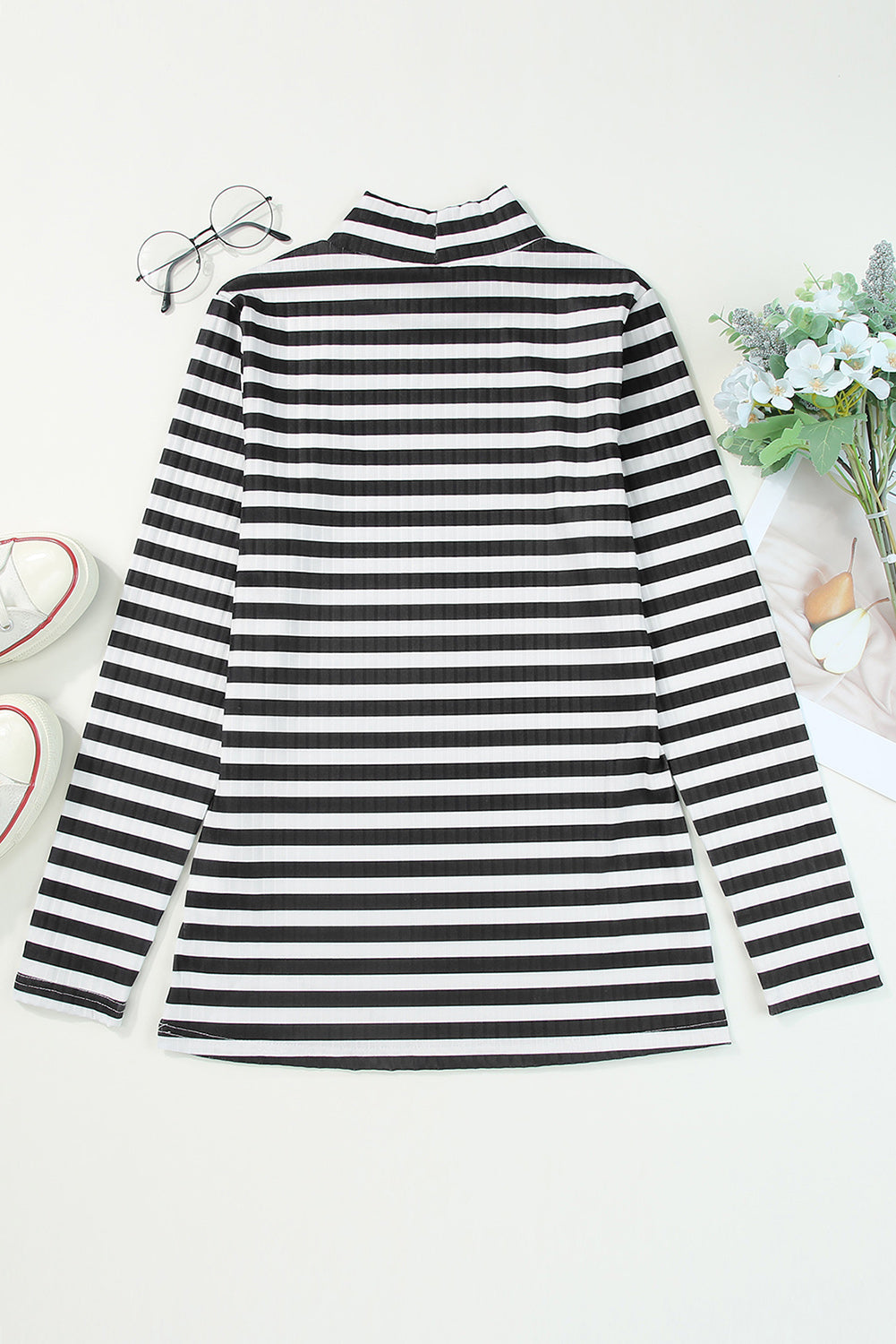 Stripes Print Ribbed Knit Long Sleeve Casual Mock Neck Top