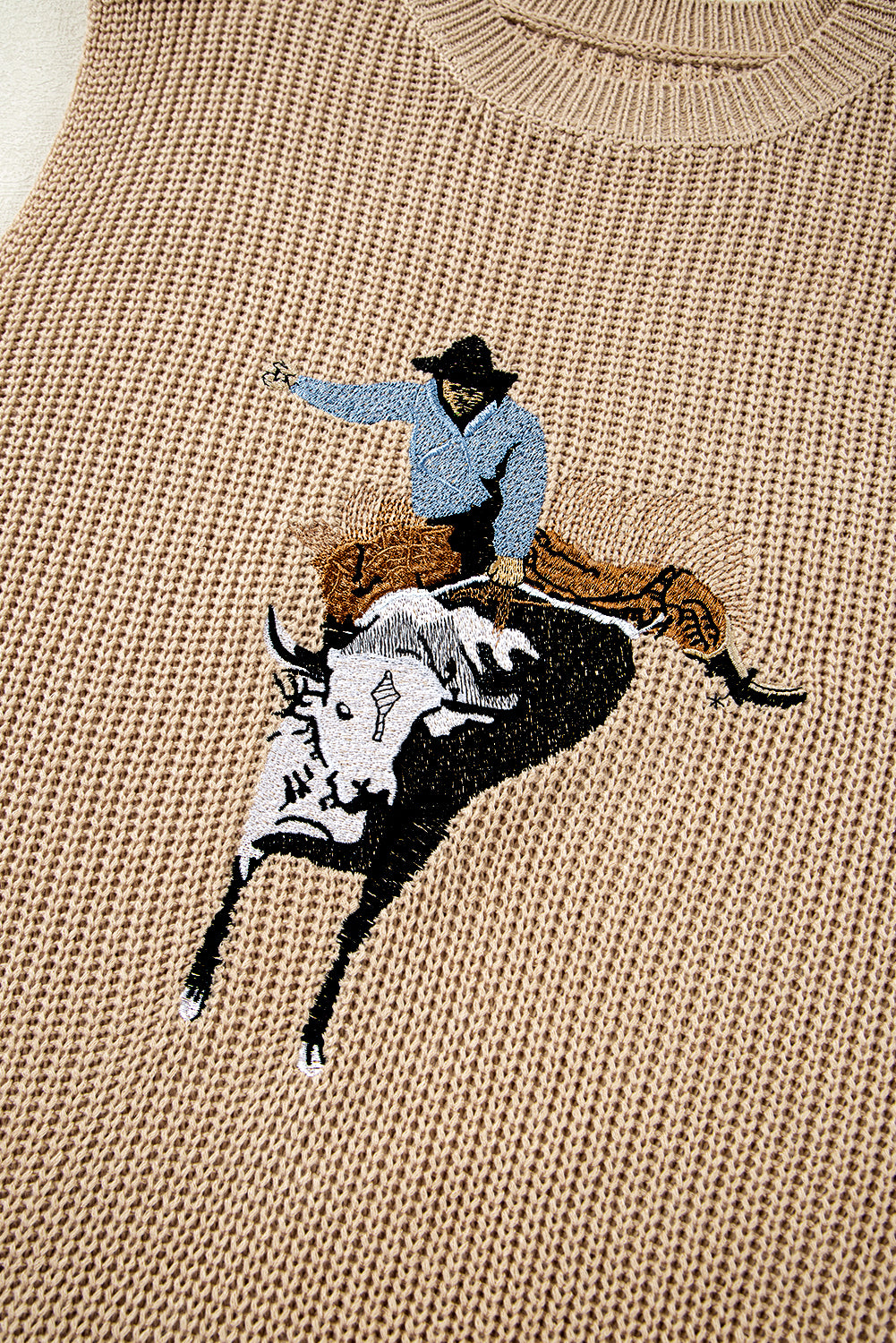 Parchment Cowboy Embroidery Round Neck Sleeveless Knit Top