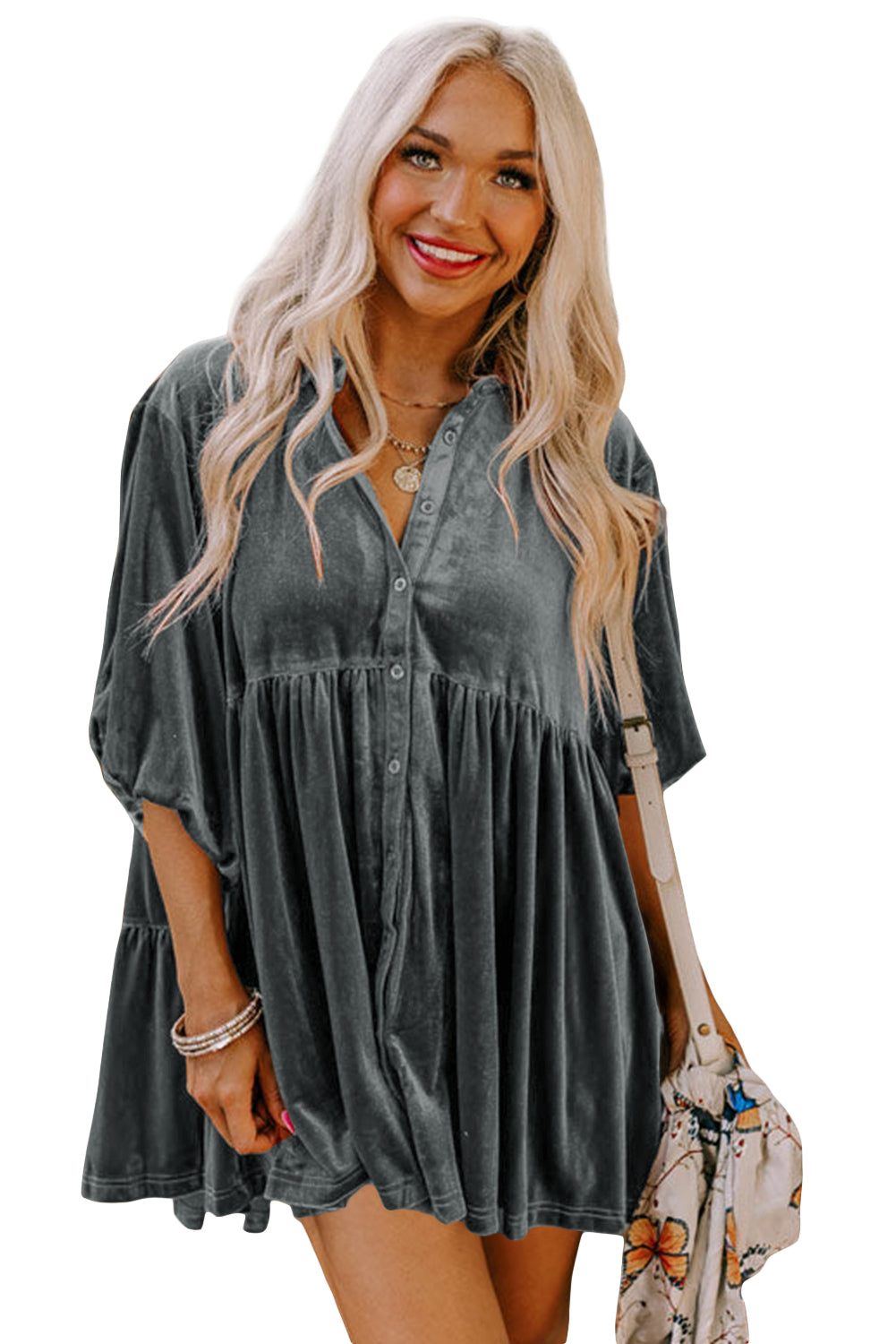 Dark Grey Lantern Sleeve Tunic Babydoll Velvet Shirt
